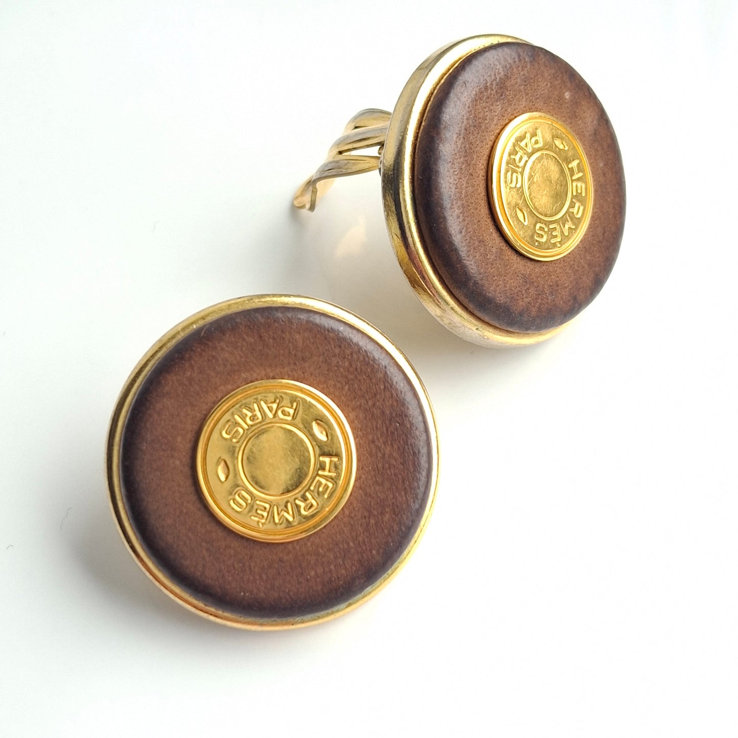 Vintage Hermes Clou de Selle Patinated Leather Clip-on Earrings