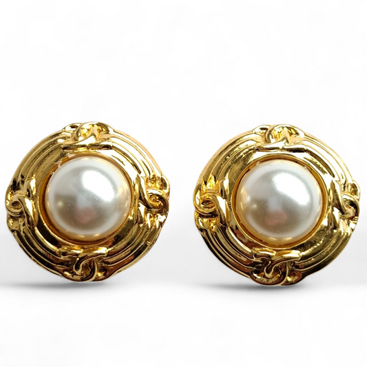Vintage 1980s Gold Plated Faux Pearl Chanel Earrings