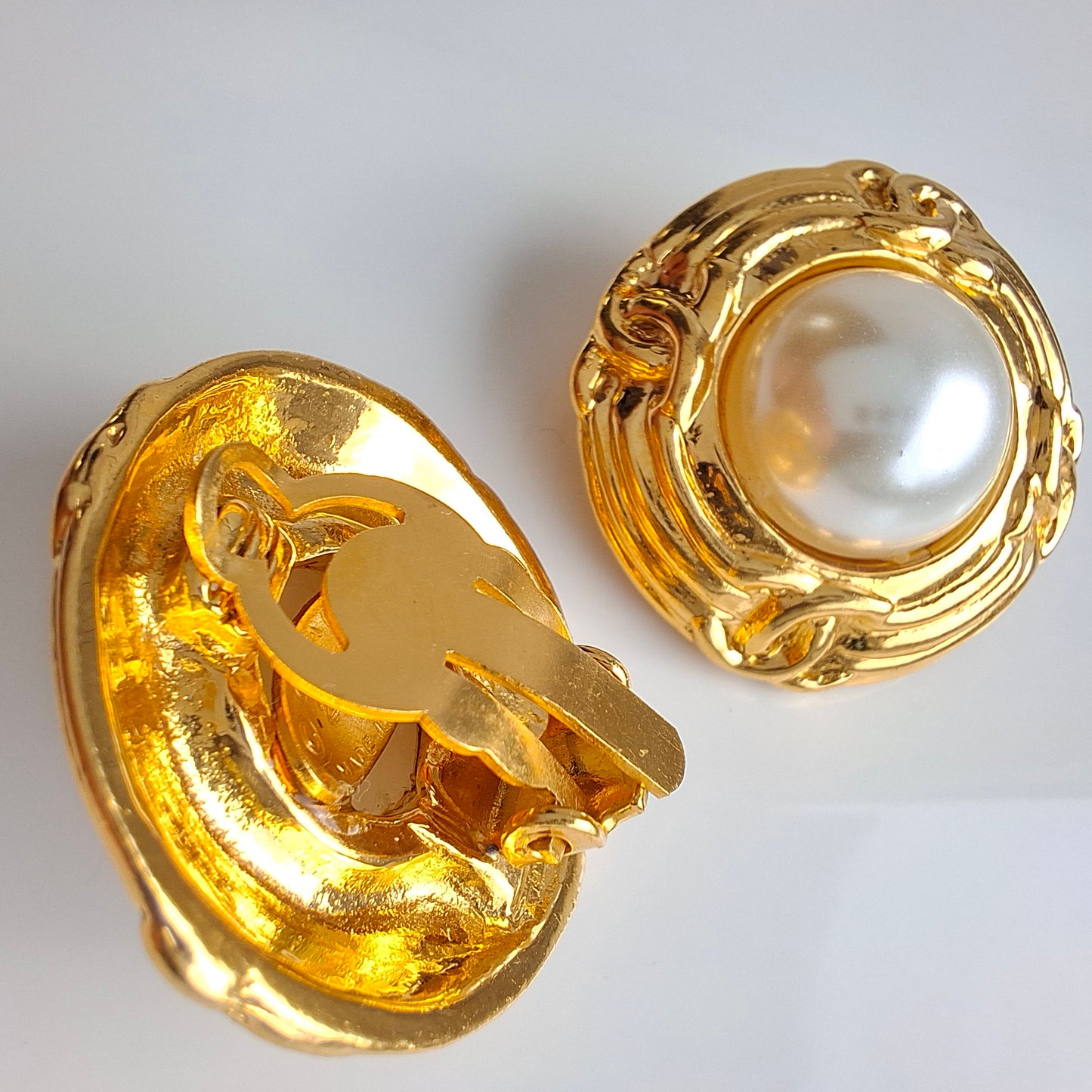 Vintage 1980s Gold Plated Faux Pearl Chanel Earrings