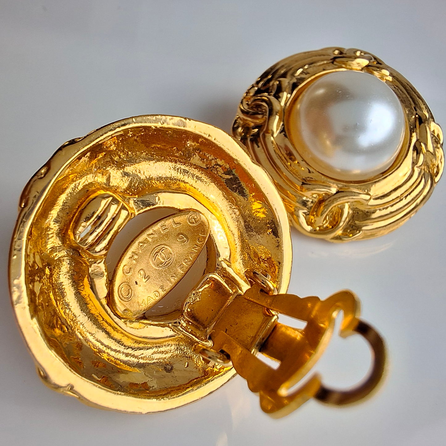 Vintage 1980s Gold Plated Faux Pearl Chanel Earrings