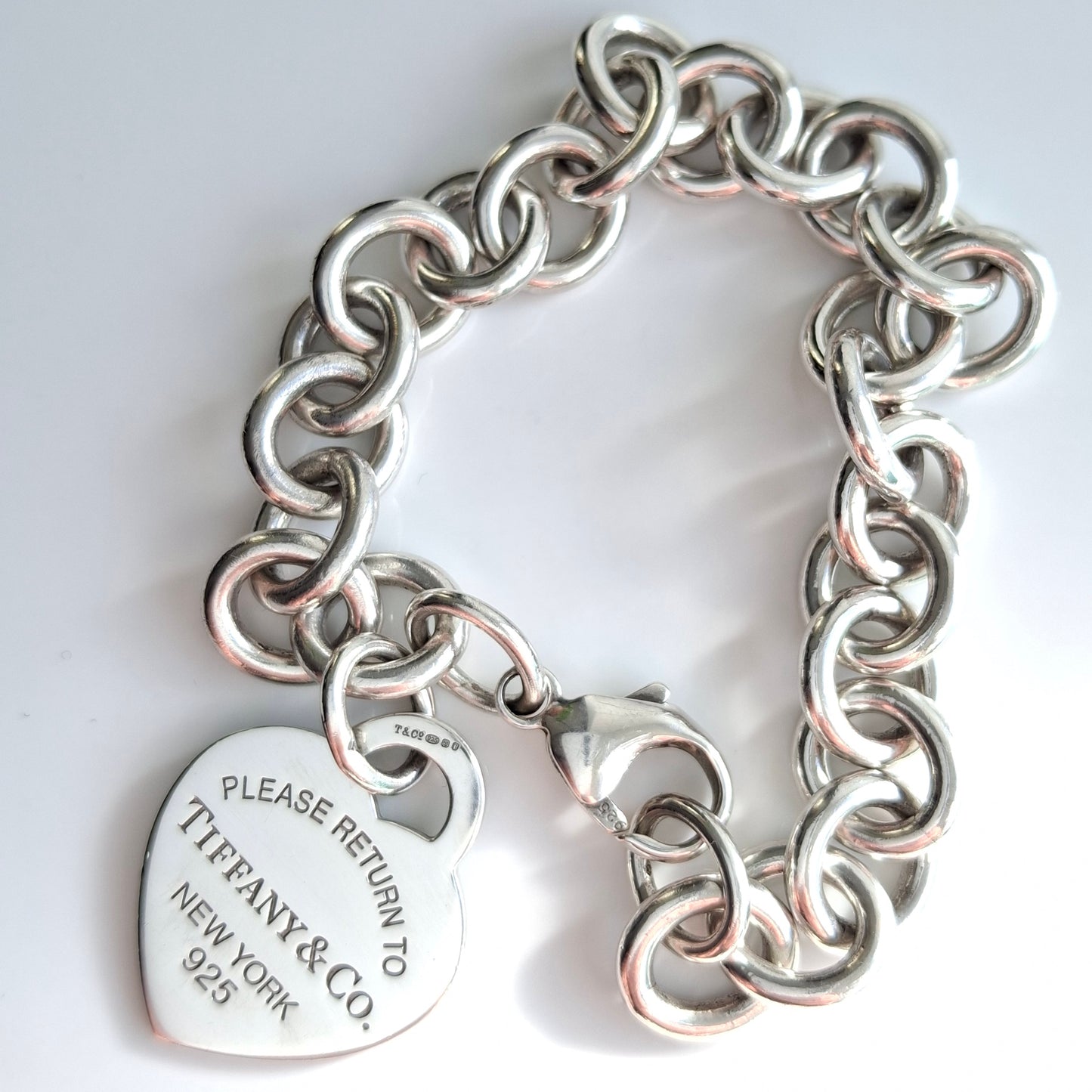 Rare Double Sided Return to Tiffany & Co. Blue Enamelled Silver Heart Charm Bracelet