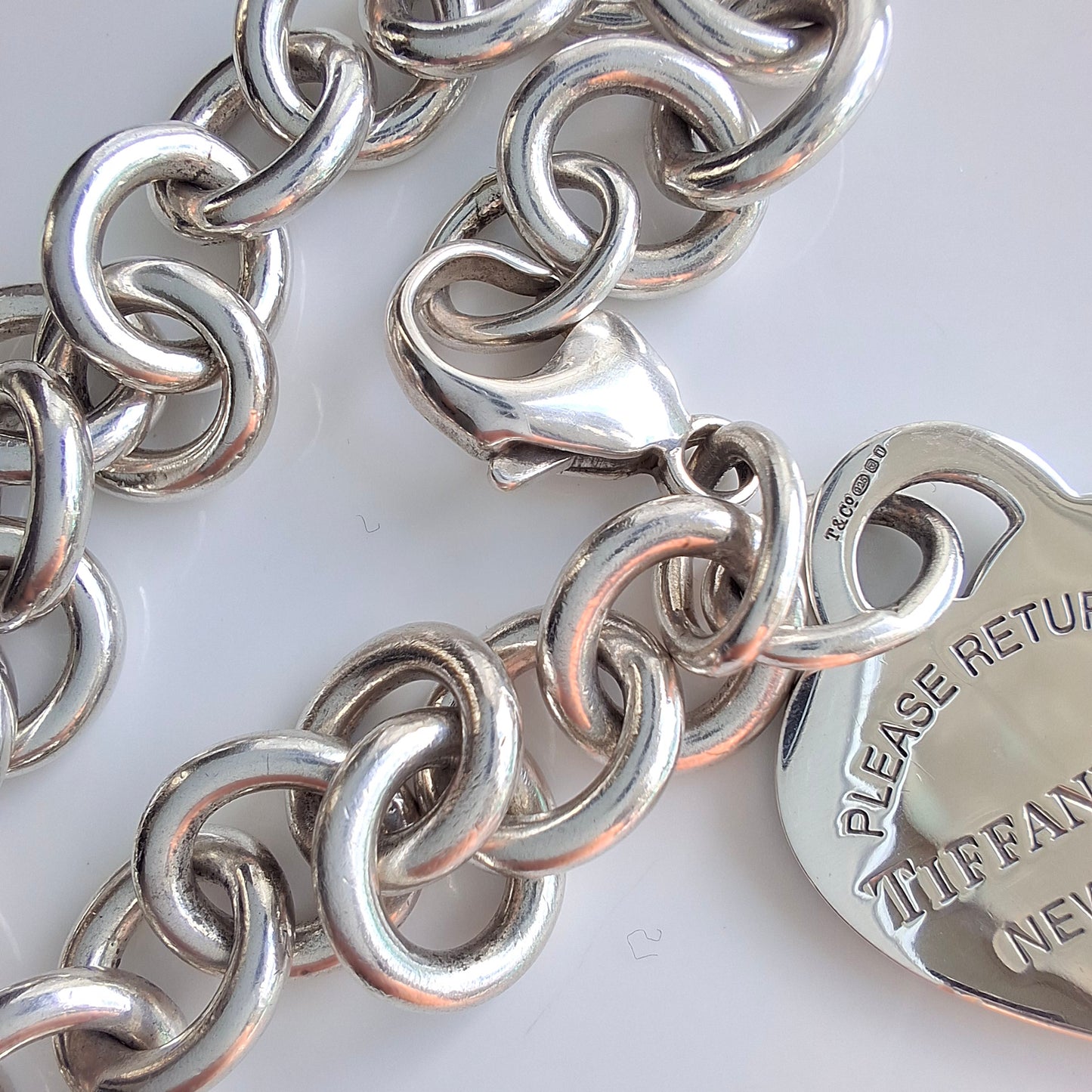 Rare Double Sided Return to Tiffany & Co. Blue Enamelled Silver Heart Charm Bracelet