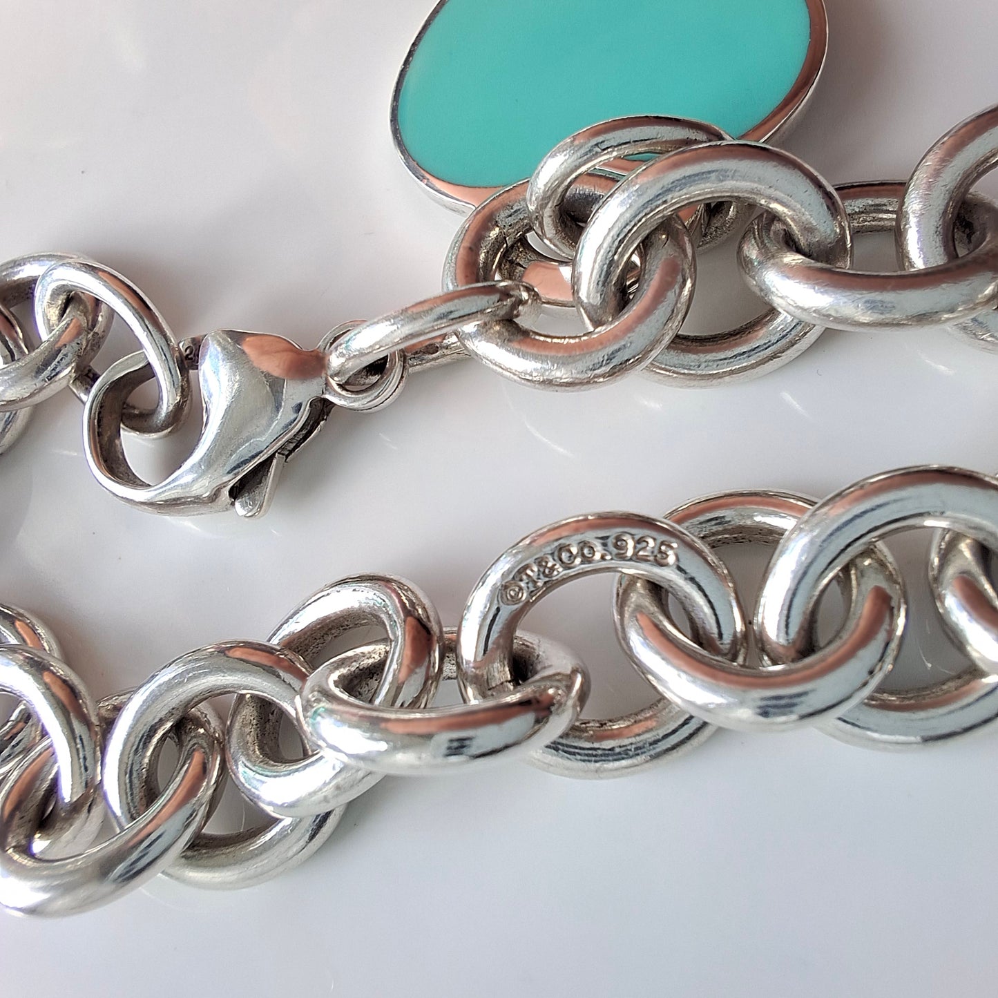 Rare Double Sided Return to Tiffany & Co. Blue Enamelled Silver Heart Charm Bracelet