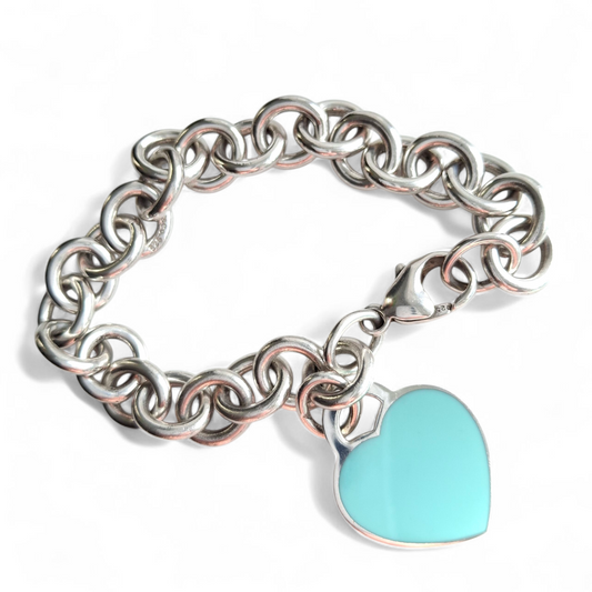 Rare Double Sided Return to Tiffany & Co. Blue Enamelled Silver Heart Charm Bracelet