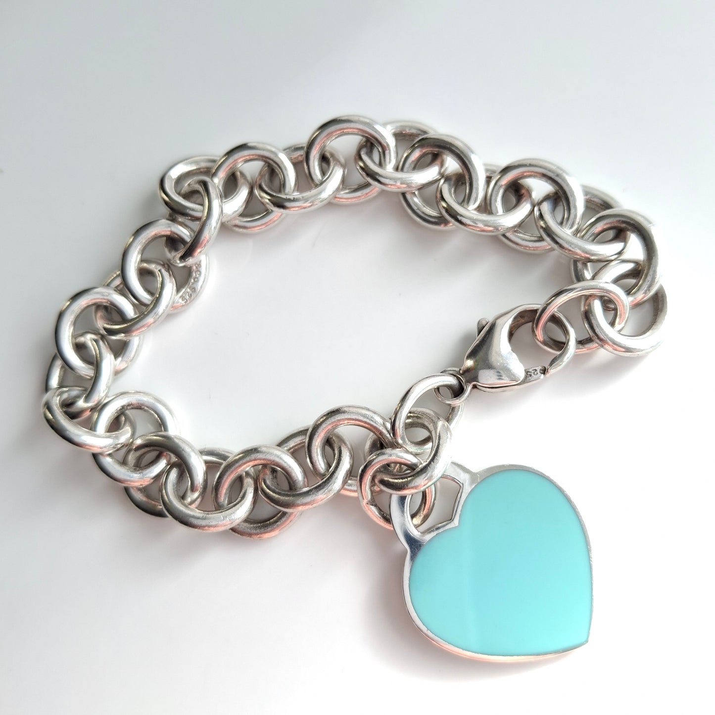Rare Double Sided Return to Tiffany & Co. Blue Enamelled Silver Heart Charm Bracelet