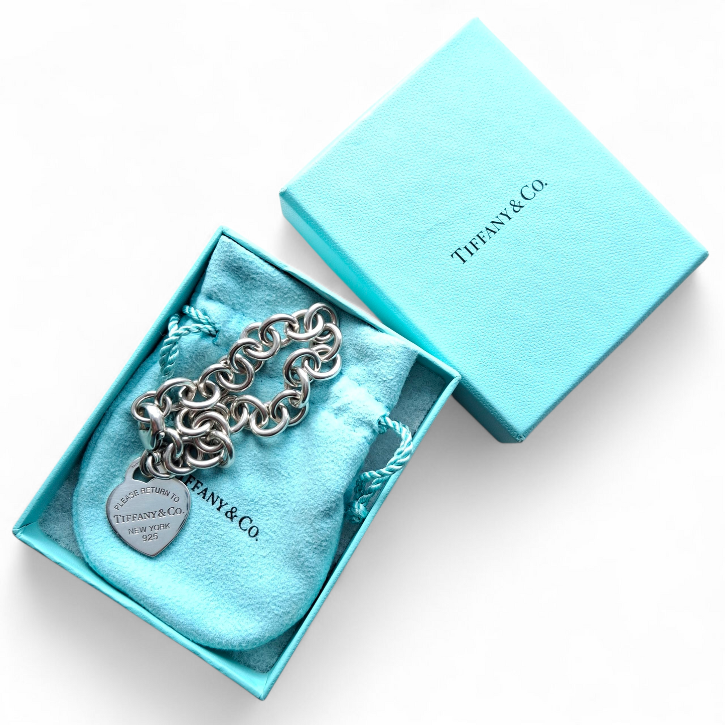 Rare Double Sided Return to Tiffany & Co. Blue Enamelled Silver Heart Charm Bracelet