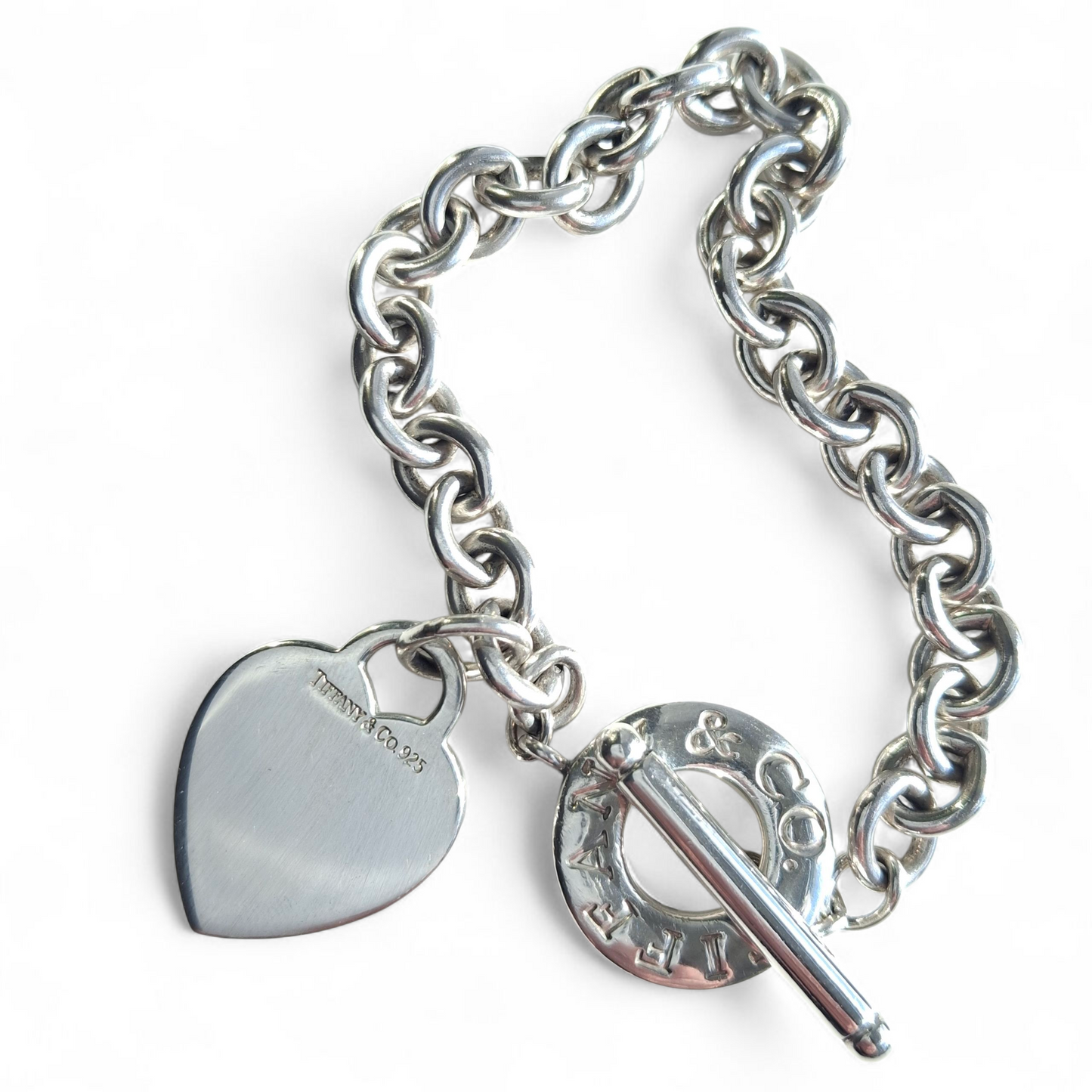 Silver Tiffany & Co. Heart Tag Toggle Charm Bracelet with Original Pouch and Box