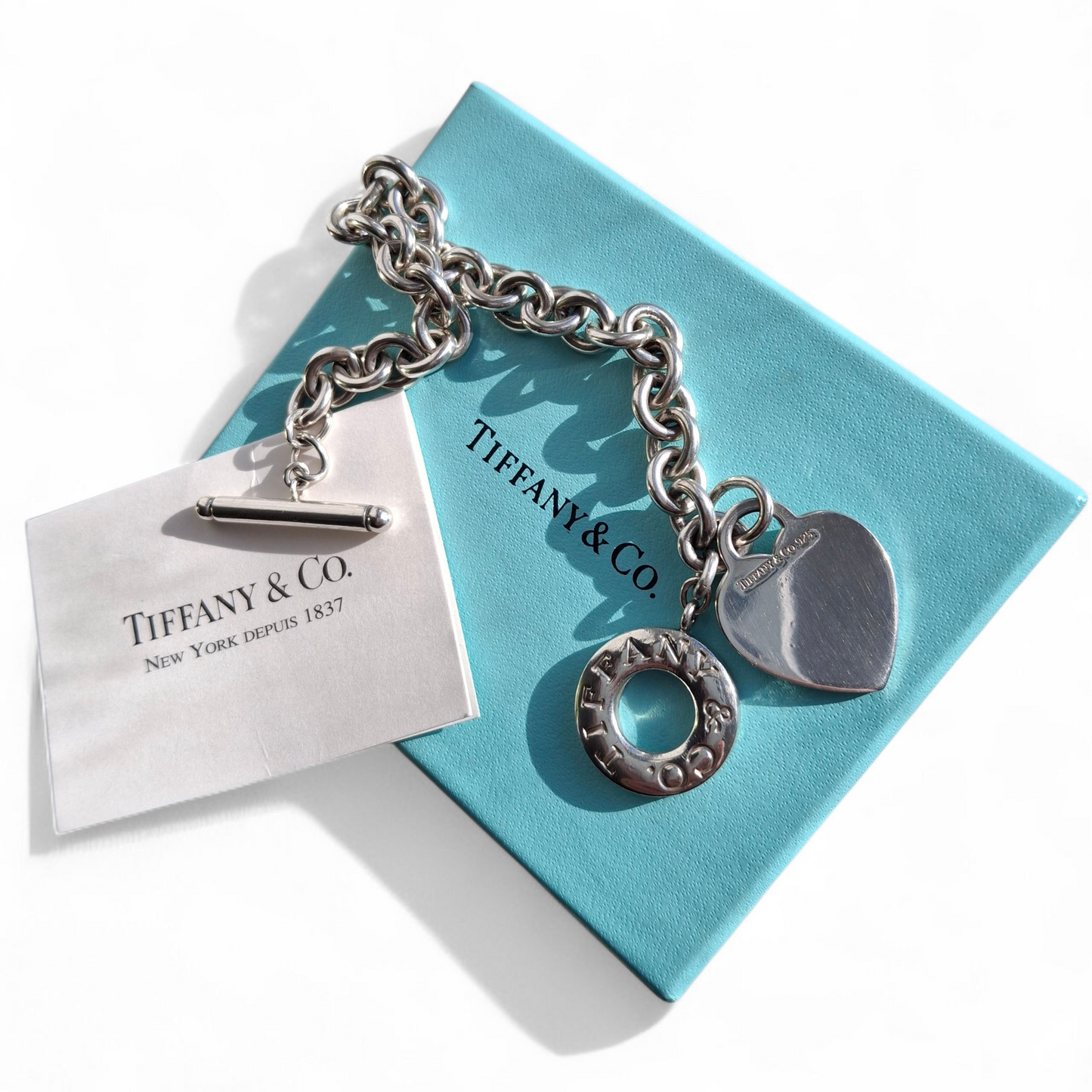 Silver Tiffany & Co. Heart Tag Toggle Charm Bracelet with Original Pouch and Box