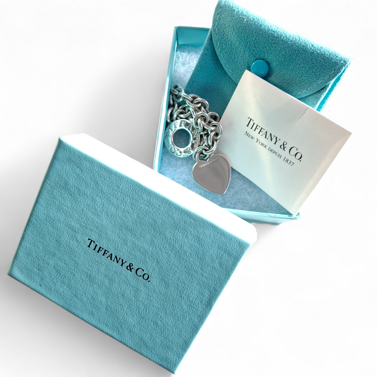 Silver Tiffany & Co. Heart Tag Toggle Charm Bracelet with Original Pouch and Box