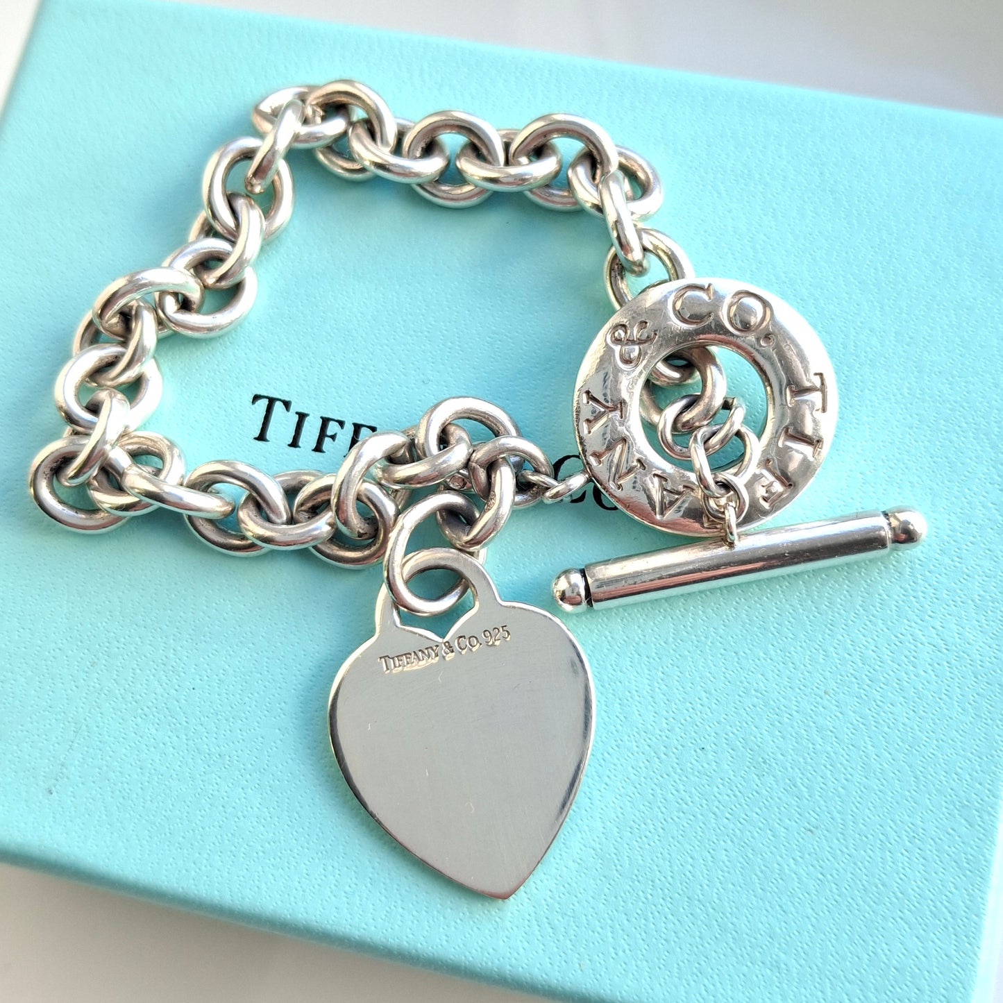 Silver Tiffany & Co. Heart Tag Toggle Charm Bracelet with Original Pouch and Box