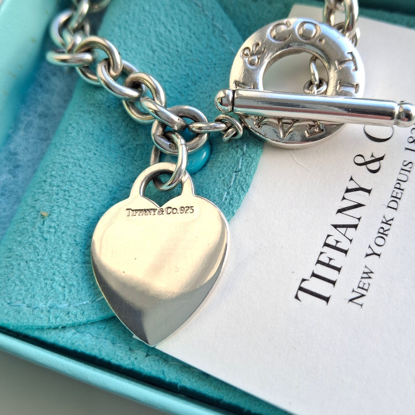Silver Tiffany & Co. Heart Tag Toggle Charm Bracelet with Original Pouch and Box