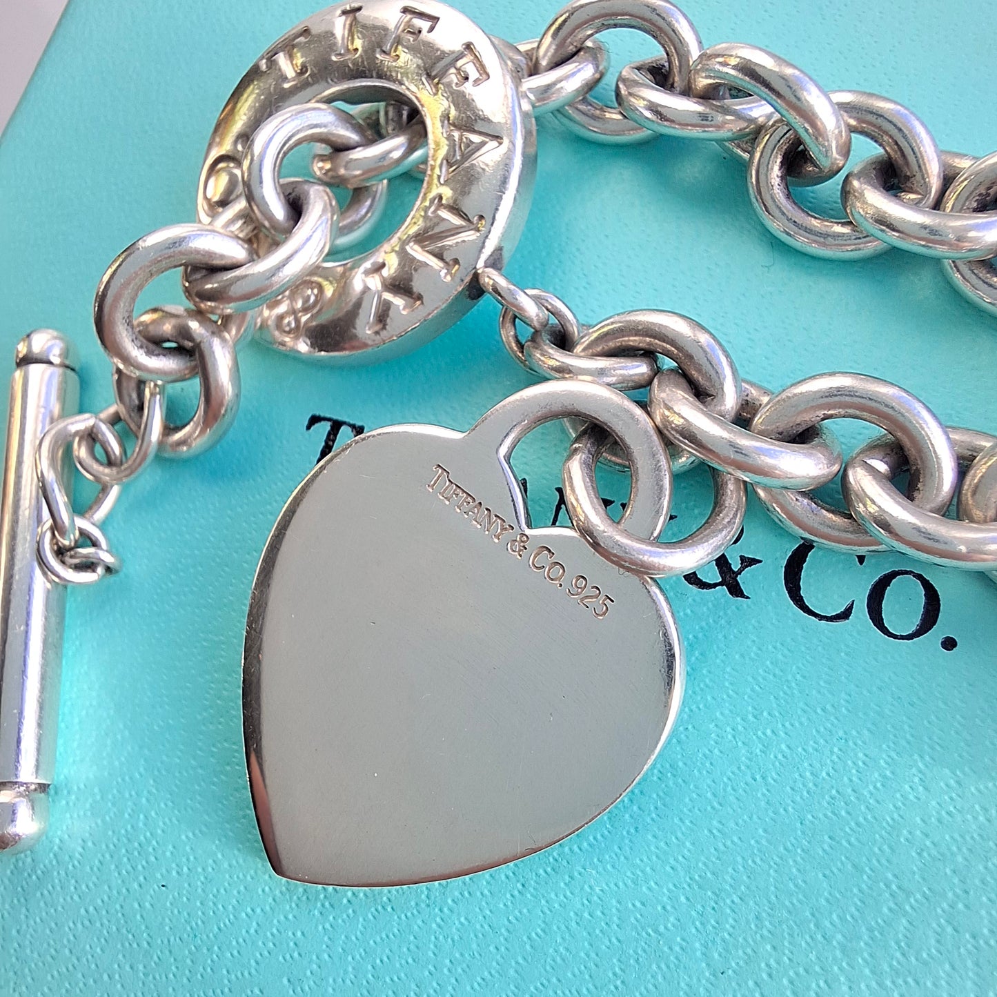 Silver Tiffany & Co. Heart Tag Toggle Charm Bracelet with Original Pouch and Box