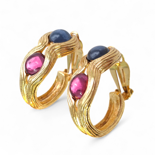 Vintage Givenchy Glass Cobochon Gold Plated Earrings