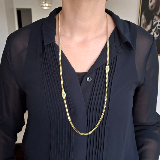 Vintage Cristian Dior Gold Plated Long Curb Link Necklace with Emerald Green Glass Cobochon