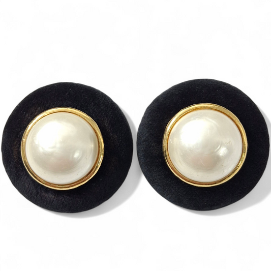 Vintage Chanel Velvet & Faux Pearl Earrings with Box