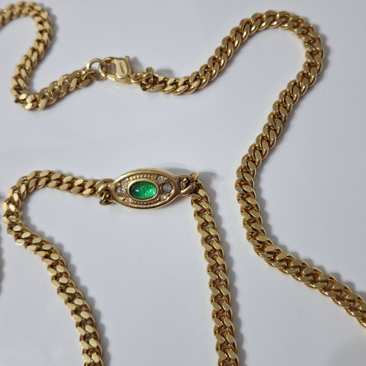 Vintage Cristian Dior Gold Plated Long Curb Link Necklace with Emerald Green Glass Cobochon