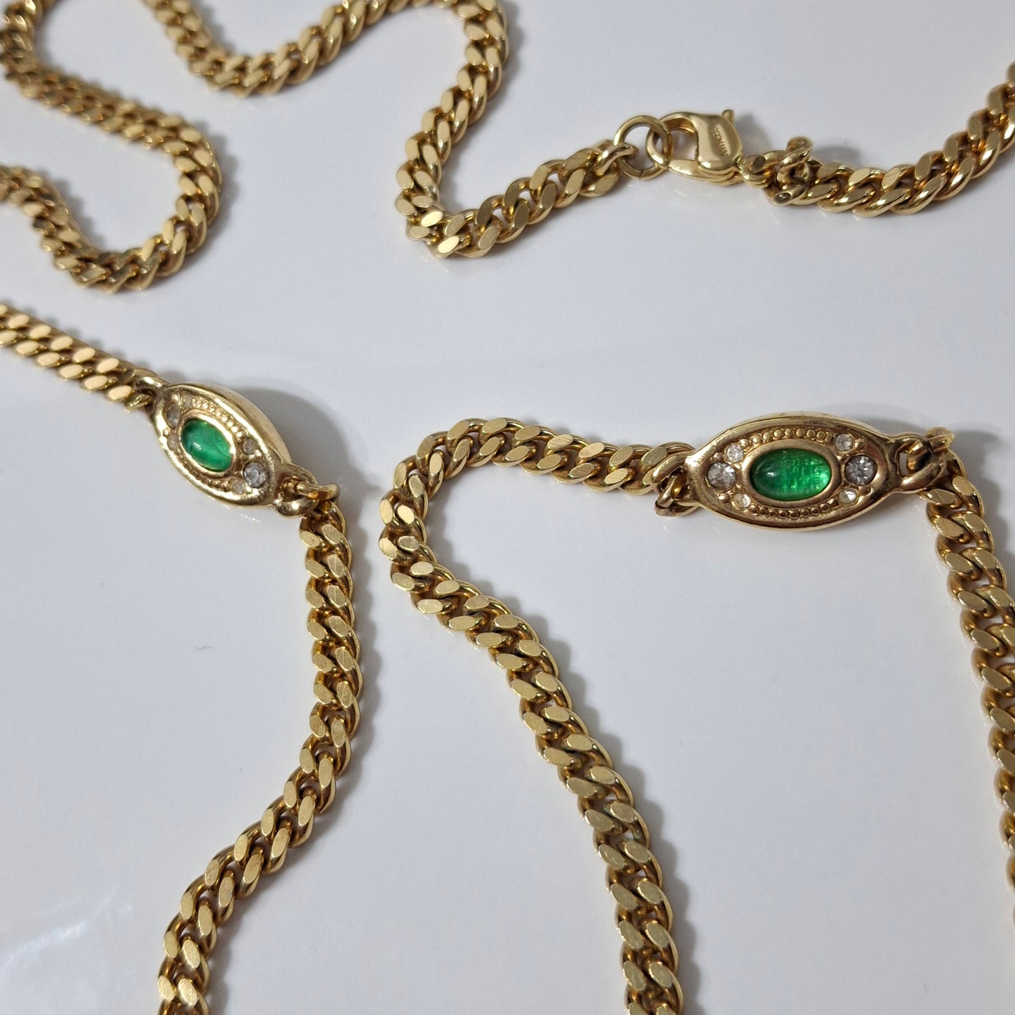 Vintage Cristian Dior Gold Plated Long Curb Link Necklace with Emerald Green Glass Cobochon