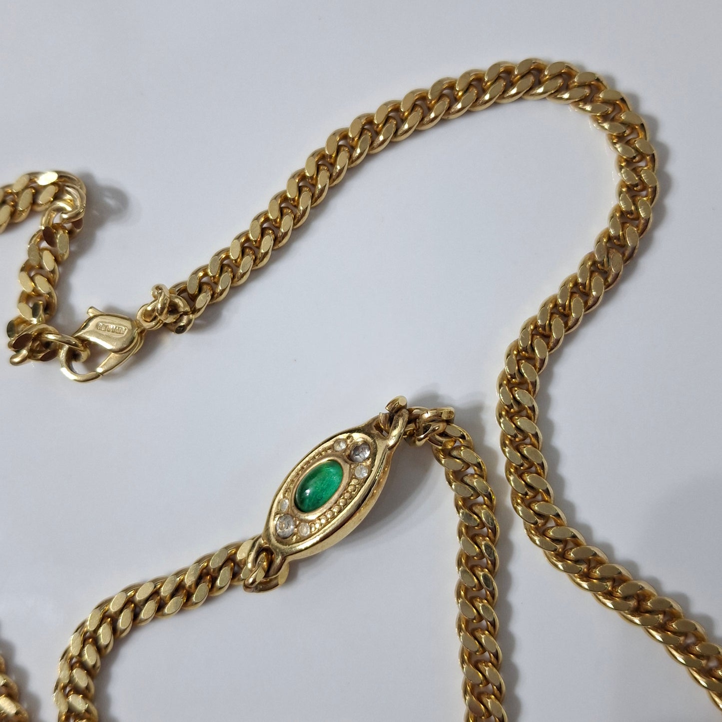 Vintage Cristian Dior Gold Plated Long Curb Link Necklace with Emerald Green Glass Cobochon