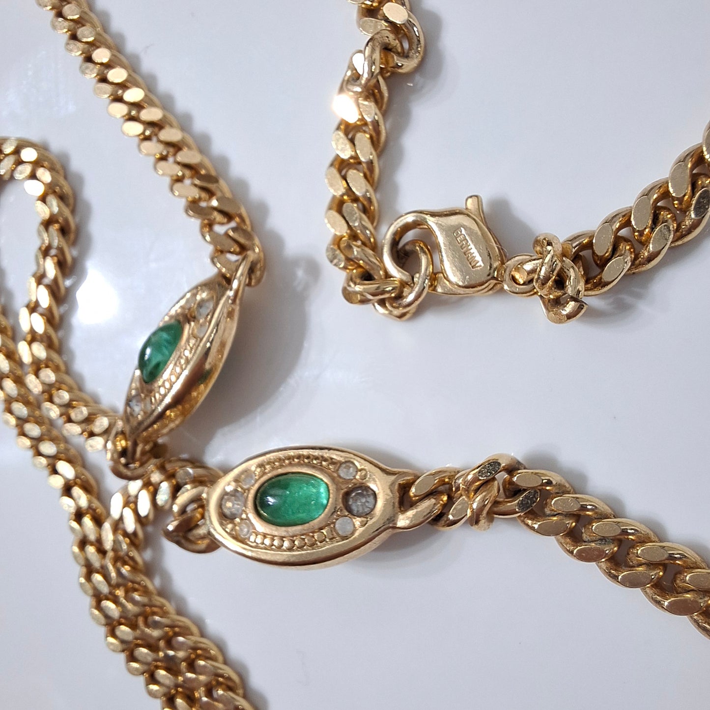 Vintage Cristian Dior Gold Plated Long Curb Link Necklace with Emerald Green Glass Cobochon