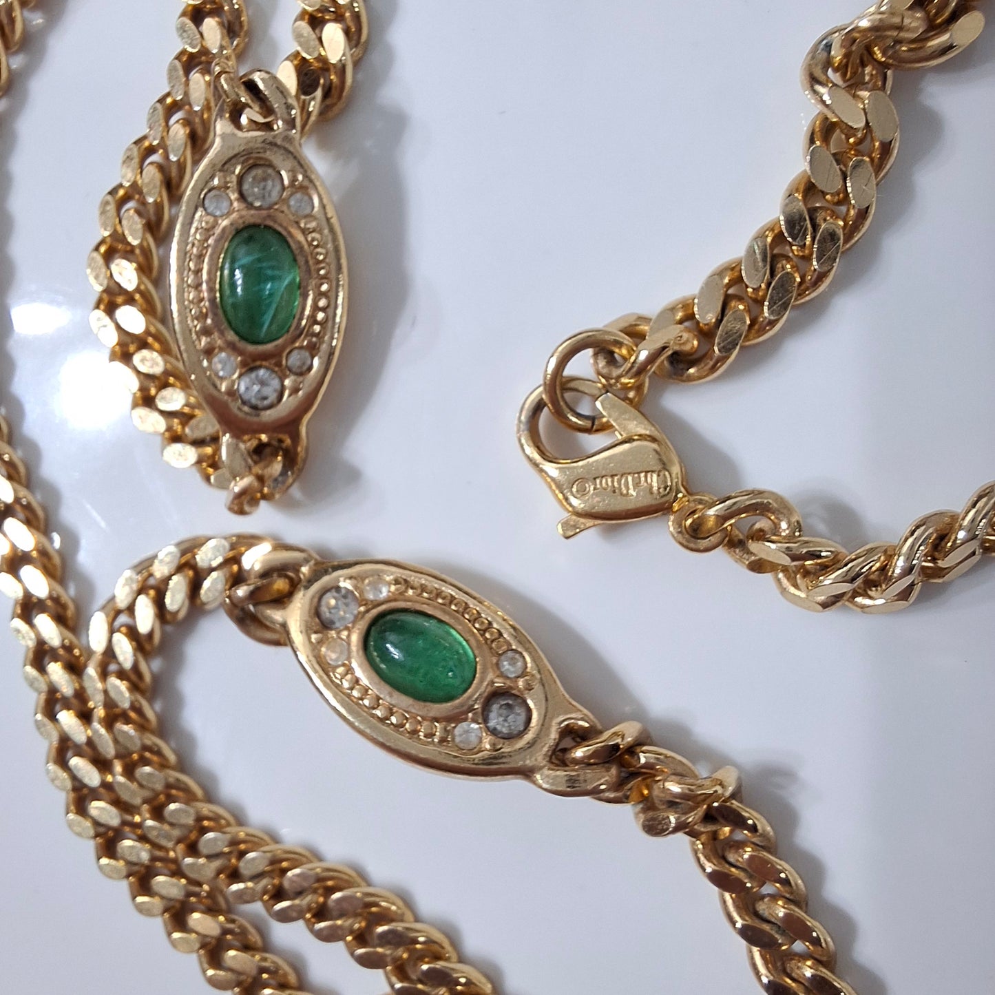 Vintage Cristian Dior Gold Plated Long Curb Link Necklace with Emerald Green Glass Cobochon