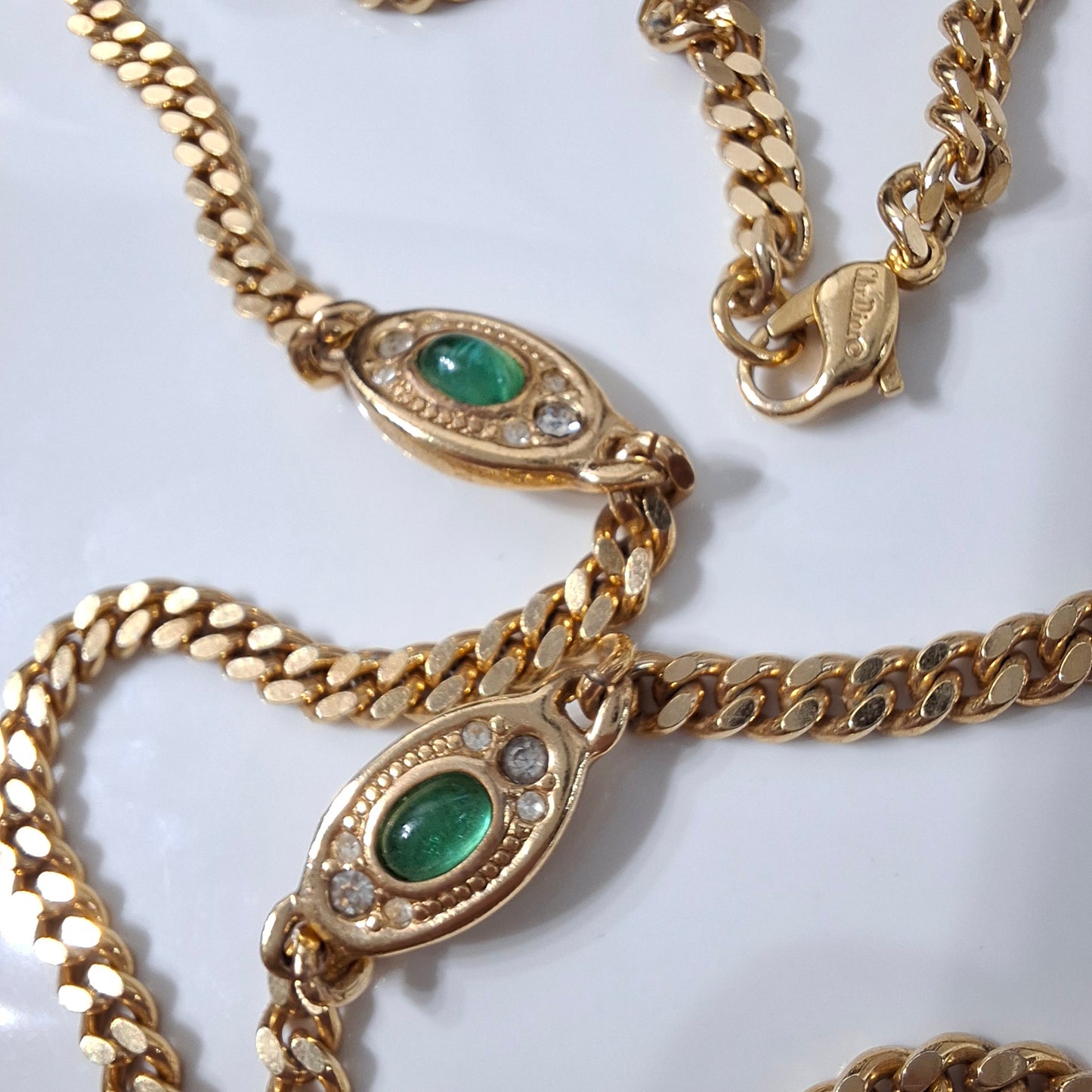 Vintage Cristian Dior Gold Plated Long Curb Link Necklace with Emerald Green Glass Cobochon