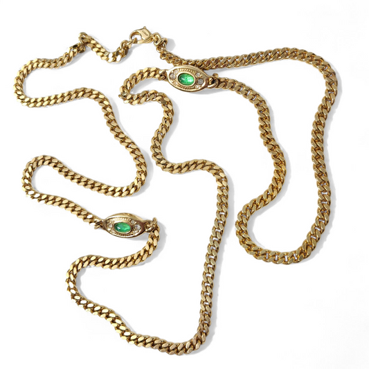 Vintage Cristian Dior Gold Plated Long Curb Link Necklace with Emerald Green Glass Cobochon
