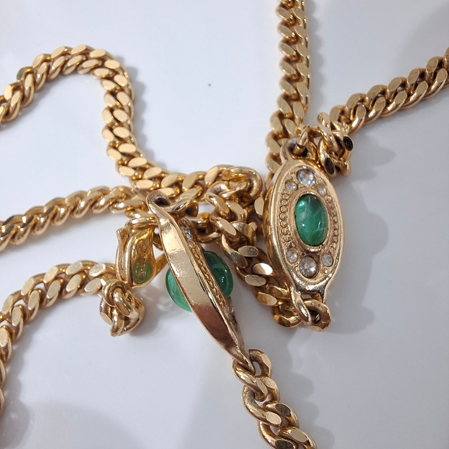 Vintage Cristian Dior Gold Plated Long Curb Link Necklace with Emerald Green Glass Cobochon