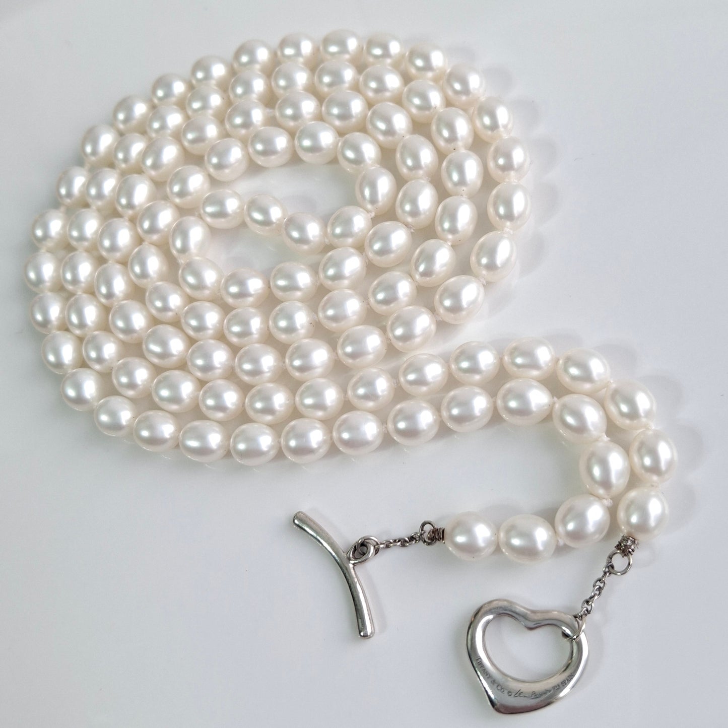 Elsa Peretti Tiffany & Co Open Heart Silver Toggle Freshwater Pearl Necklace