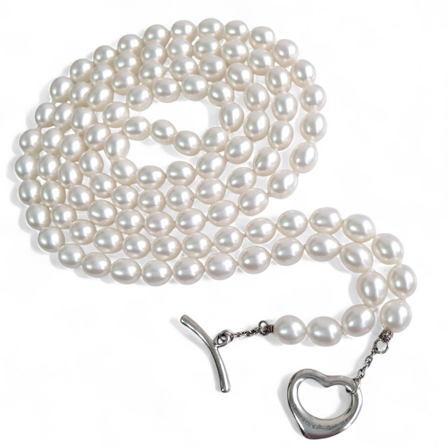 Elsa Peretti Tiffany & Co Open Heart Silver Toggle Freshwater Pearl Necklace