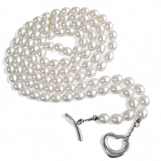 Elsa Peretti Tiffany & Co Open Heart Silver Toggle Freshwater Pearl Necklace