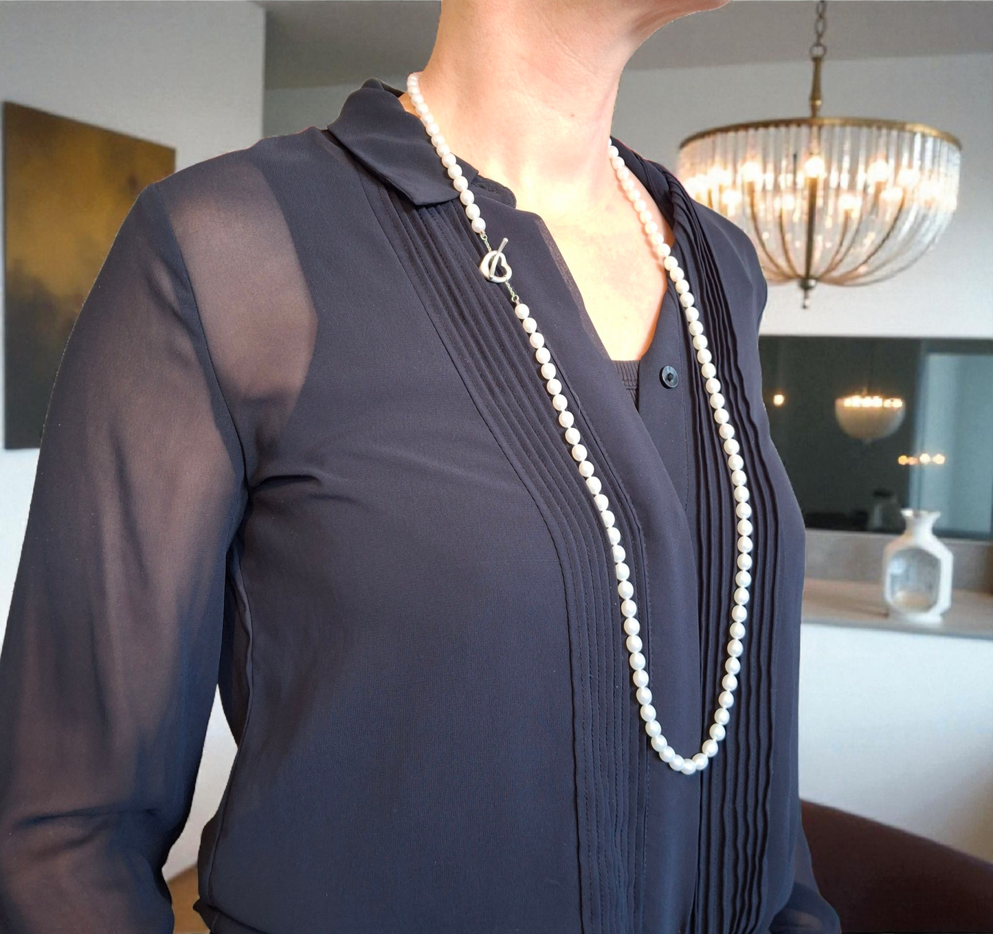 Elsa Peretti Tiffany & Co Open Heart Silver Toggle Freshwater Pearl Necklace