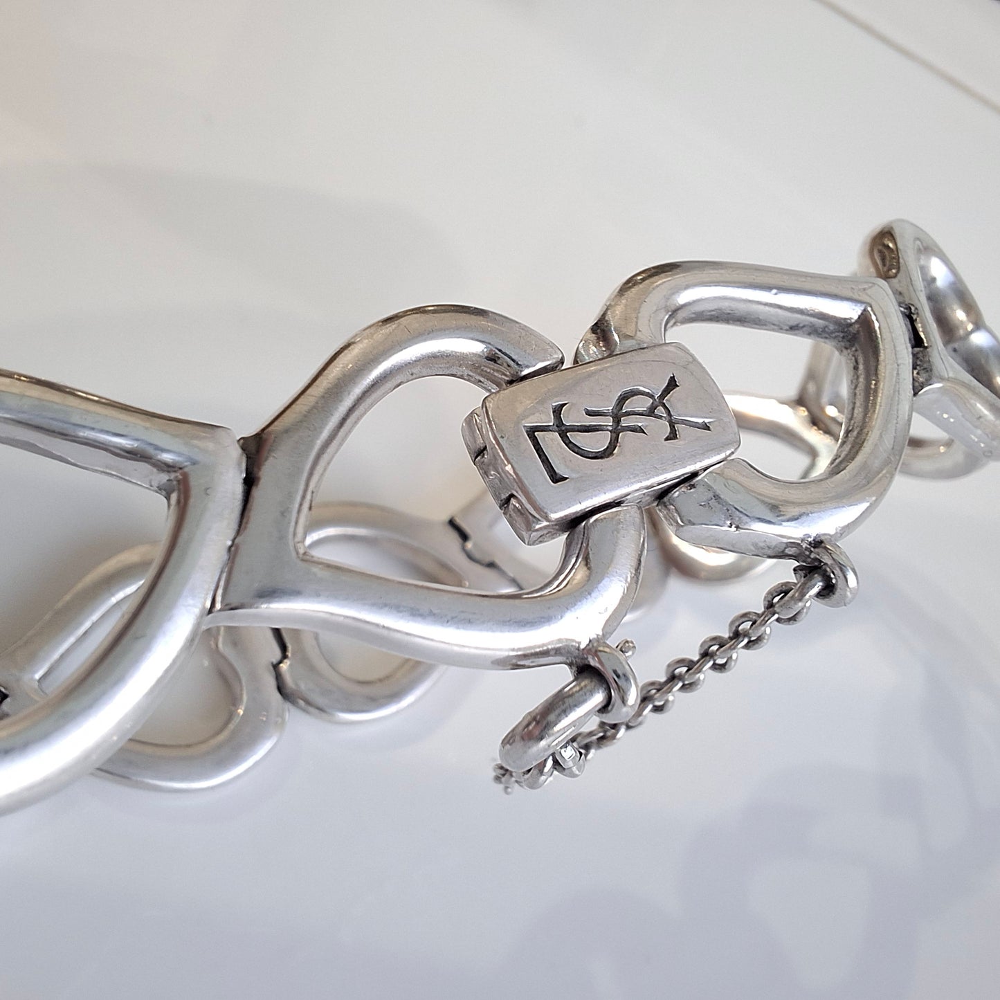 Vintage Yves Saint Laurent Heart Link Bracelet in Solid 925 Sterling Silver