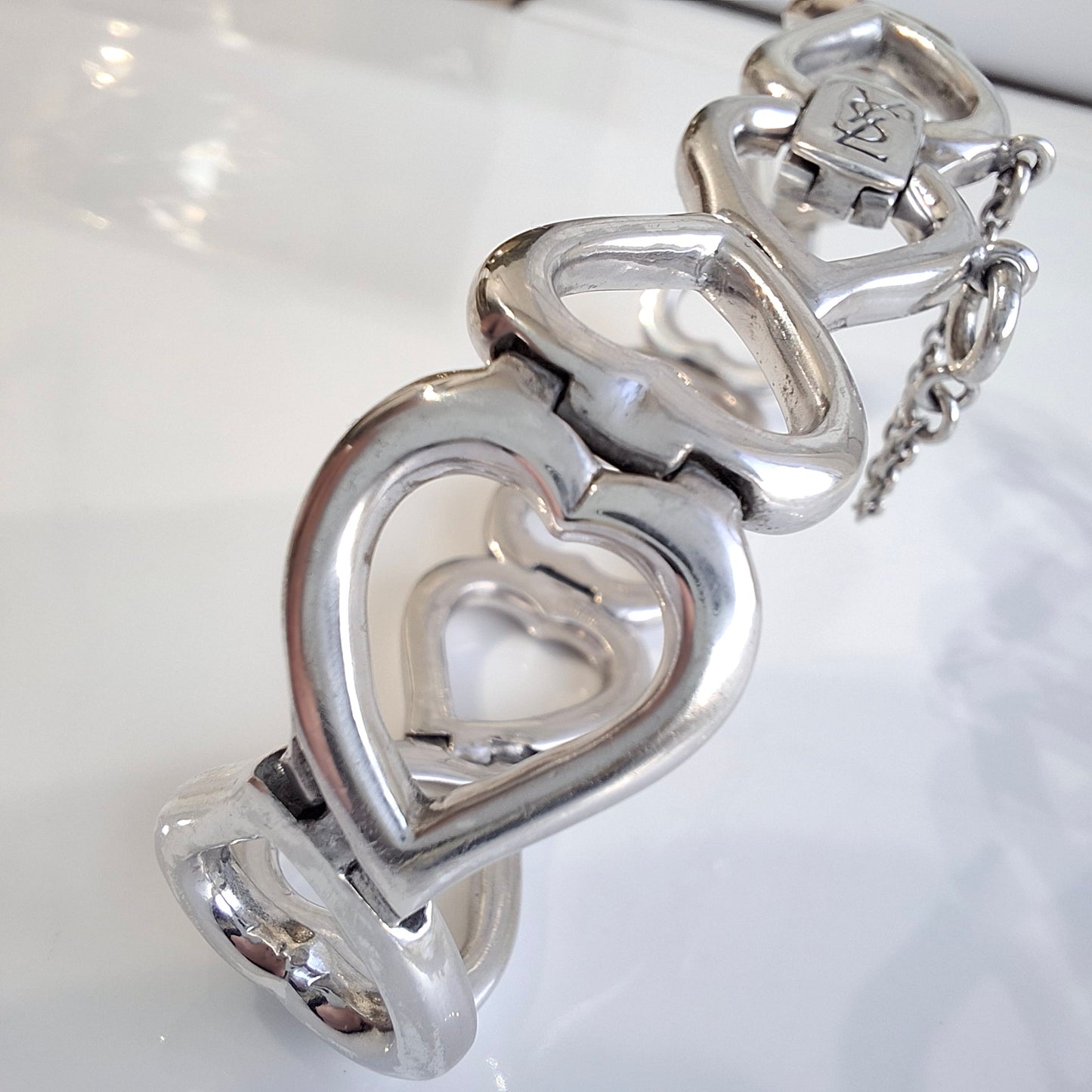 Vintage Yves Saint Laurent Heart Link Bracelet in Solid 925 Sterling Silver