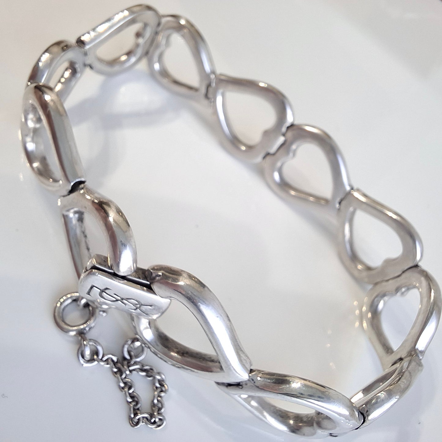 Vintage Yves Saint Laurent Heart Link Bracelet in Solid 925 Sterling Silver