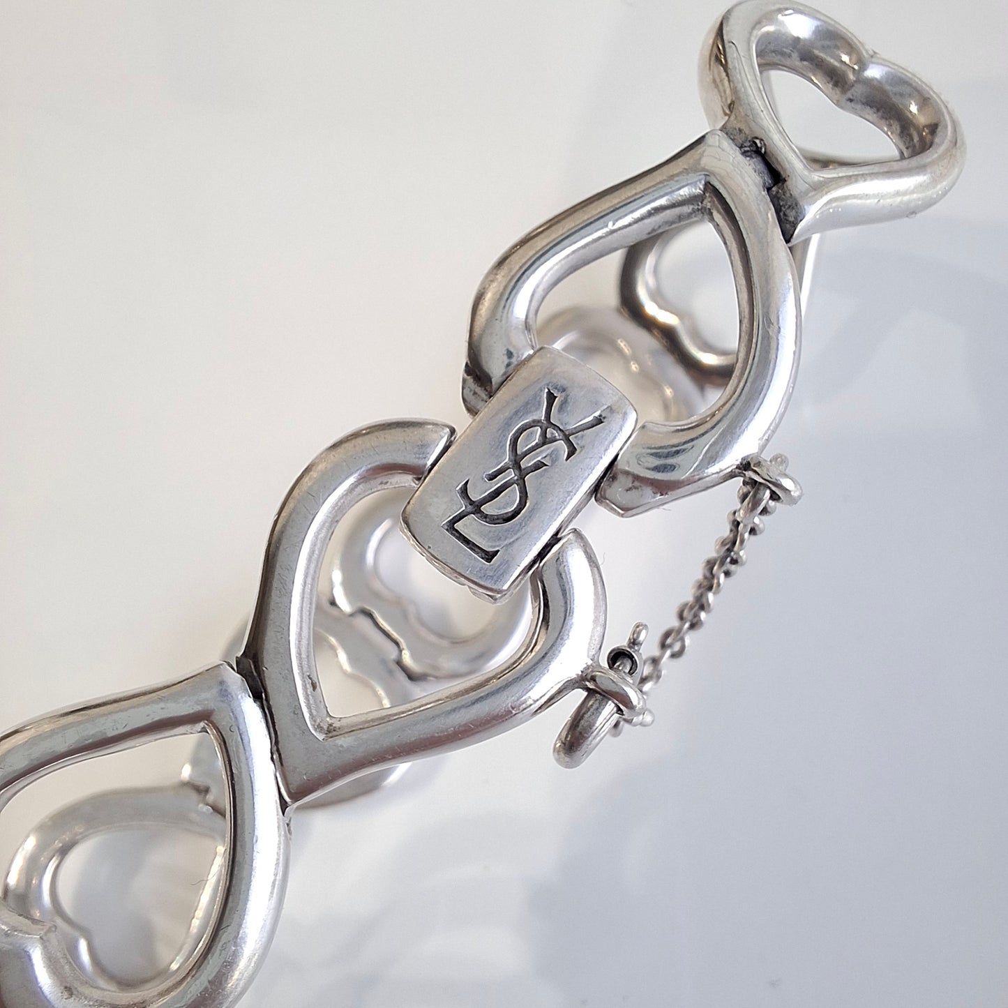 Vintage Yves Saint Laurent Heart Link Bracelet in Solid 925 Sterling Silver