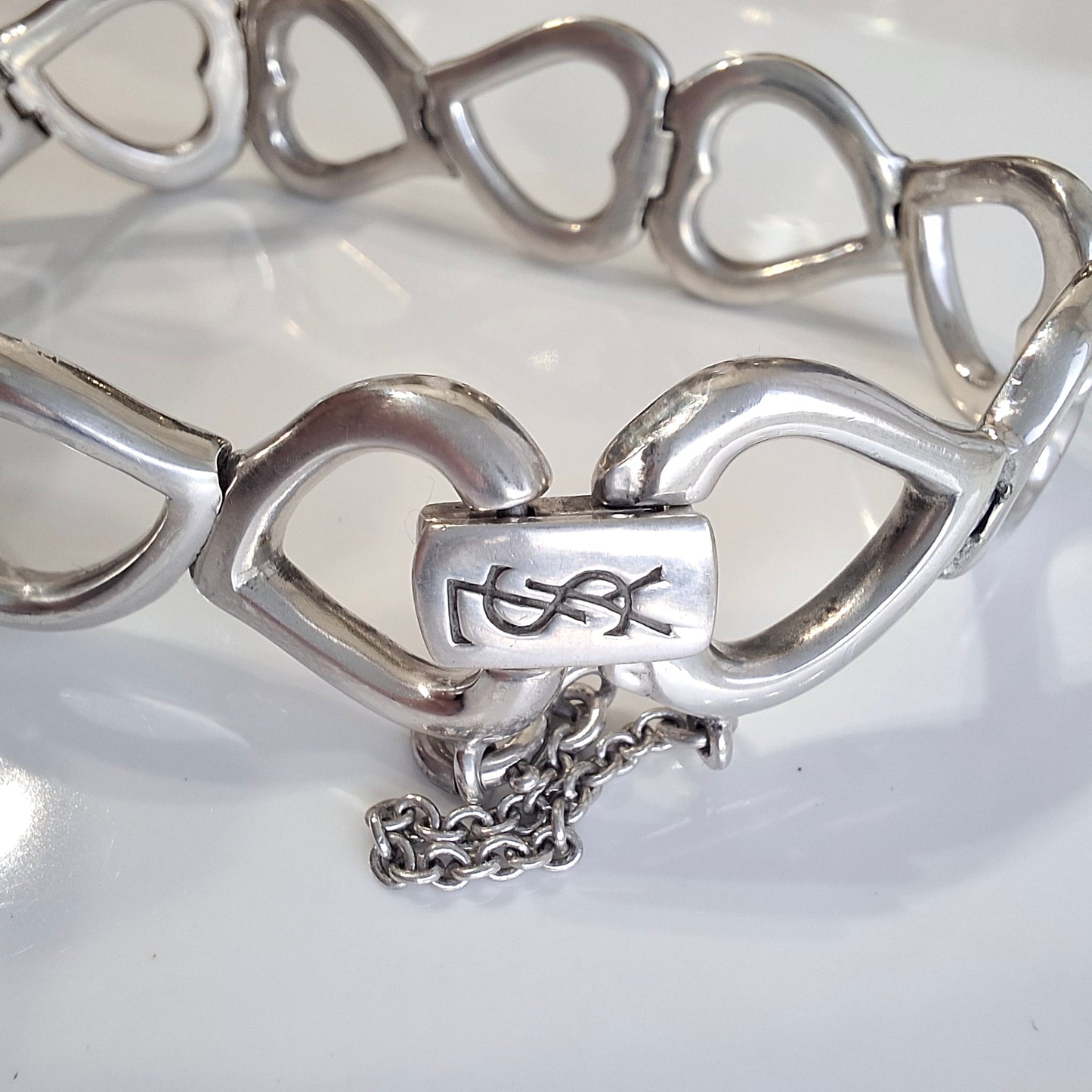 Vintage Yves Saint Laurent Heart Link Bracelet in Solid 925 Sterling Silver