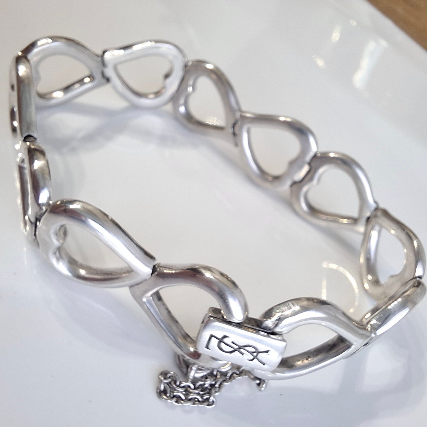 Vintage Yves Saint Laurent Heart Link Bracelet in Solid 925 Sterling Silver