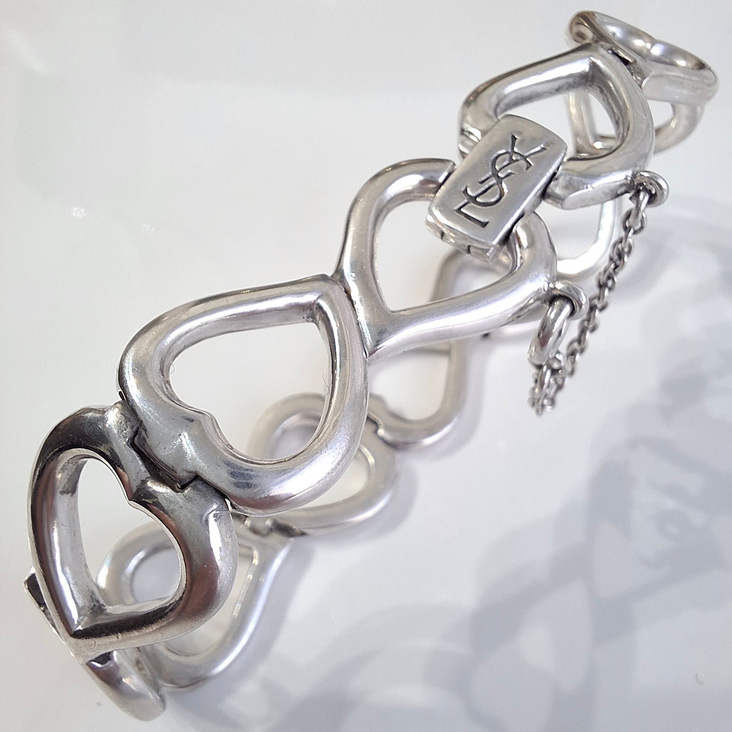 Vintage Yves Saint Laurent Heart Link Bracelet in Solid 925 Sterling Silver