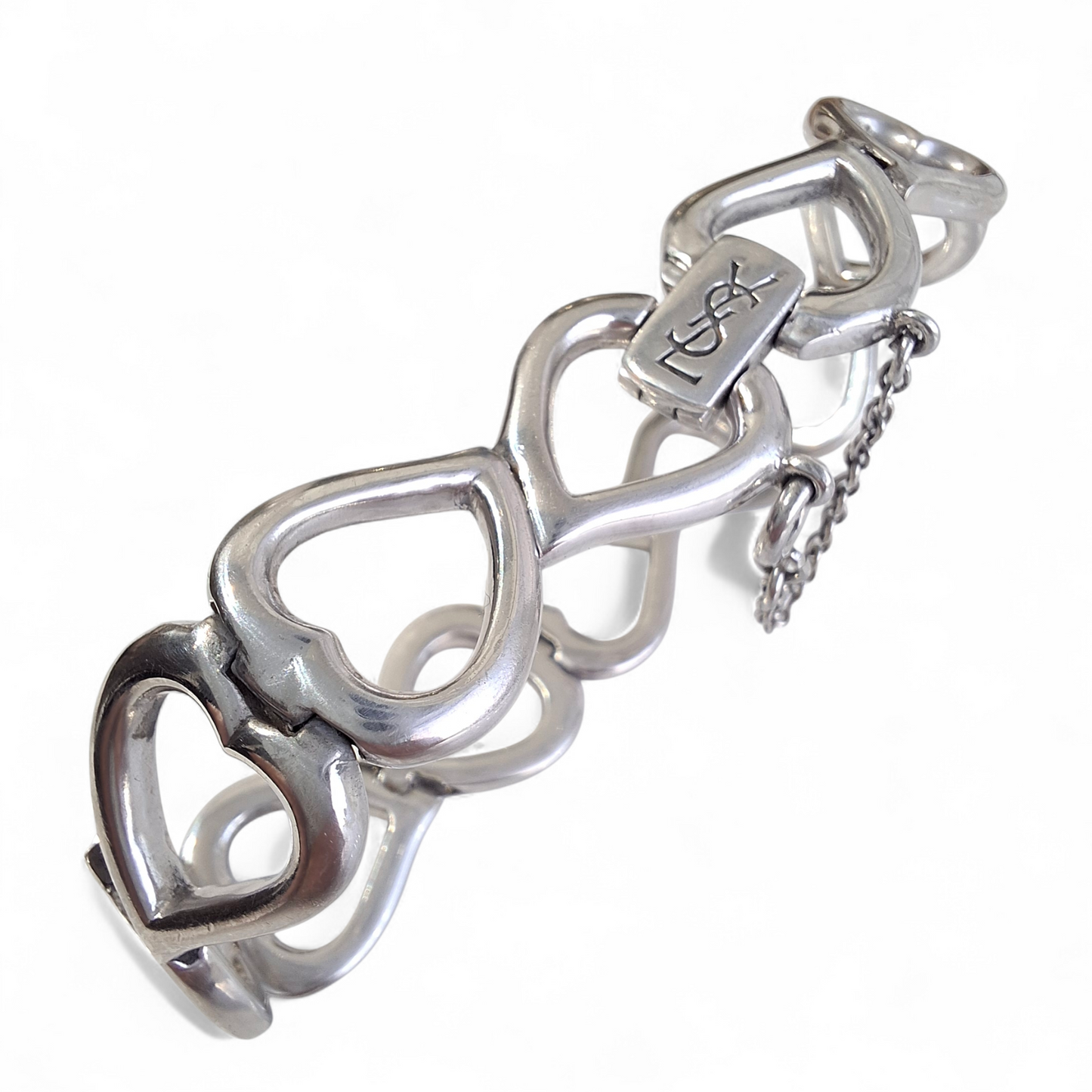 Vintage Yves Saint Laurent Heart Link Bracelet in Solid 925 Sterling Silver
