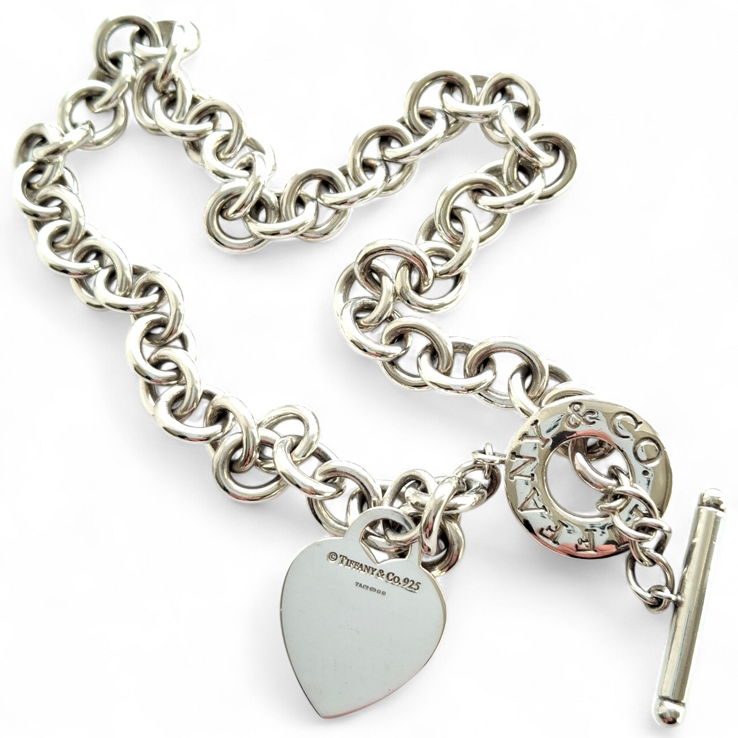 Vintage Tiffany & Co. Hallmarked Sterling Silver Heart Charm Toggle Necklace with Pouch and Box
