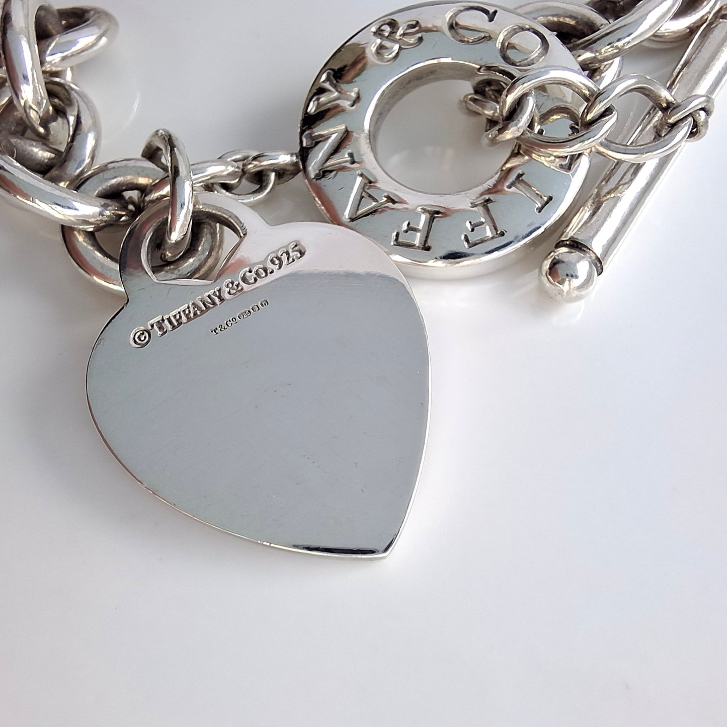 Vintage Tiffany & Co. Hallmarked Sterling Silver Heart Charm Toggle Necklace with Pouch and Box