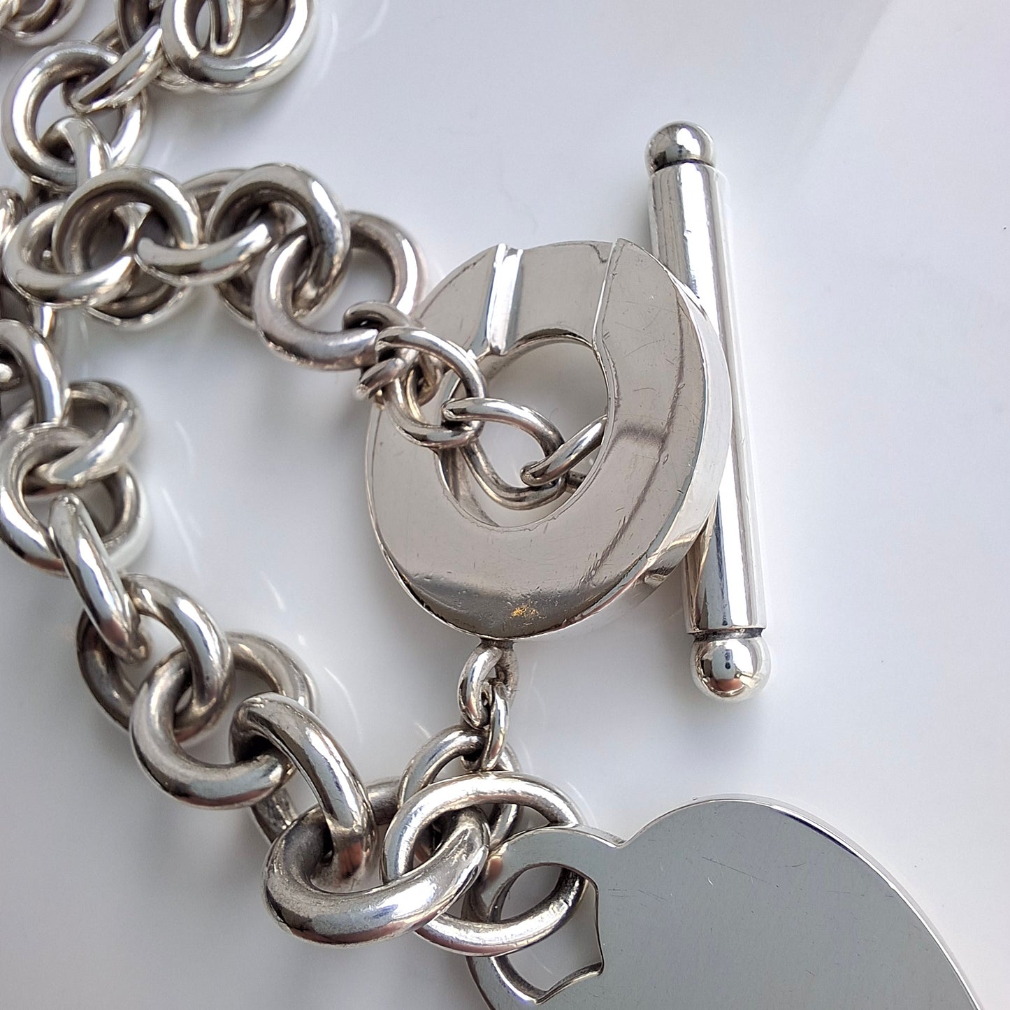 Vintage Tiffany & Co. Hallmarked Sterling Silver Heart Charm Toggle Necklace with Pouch and Box