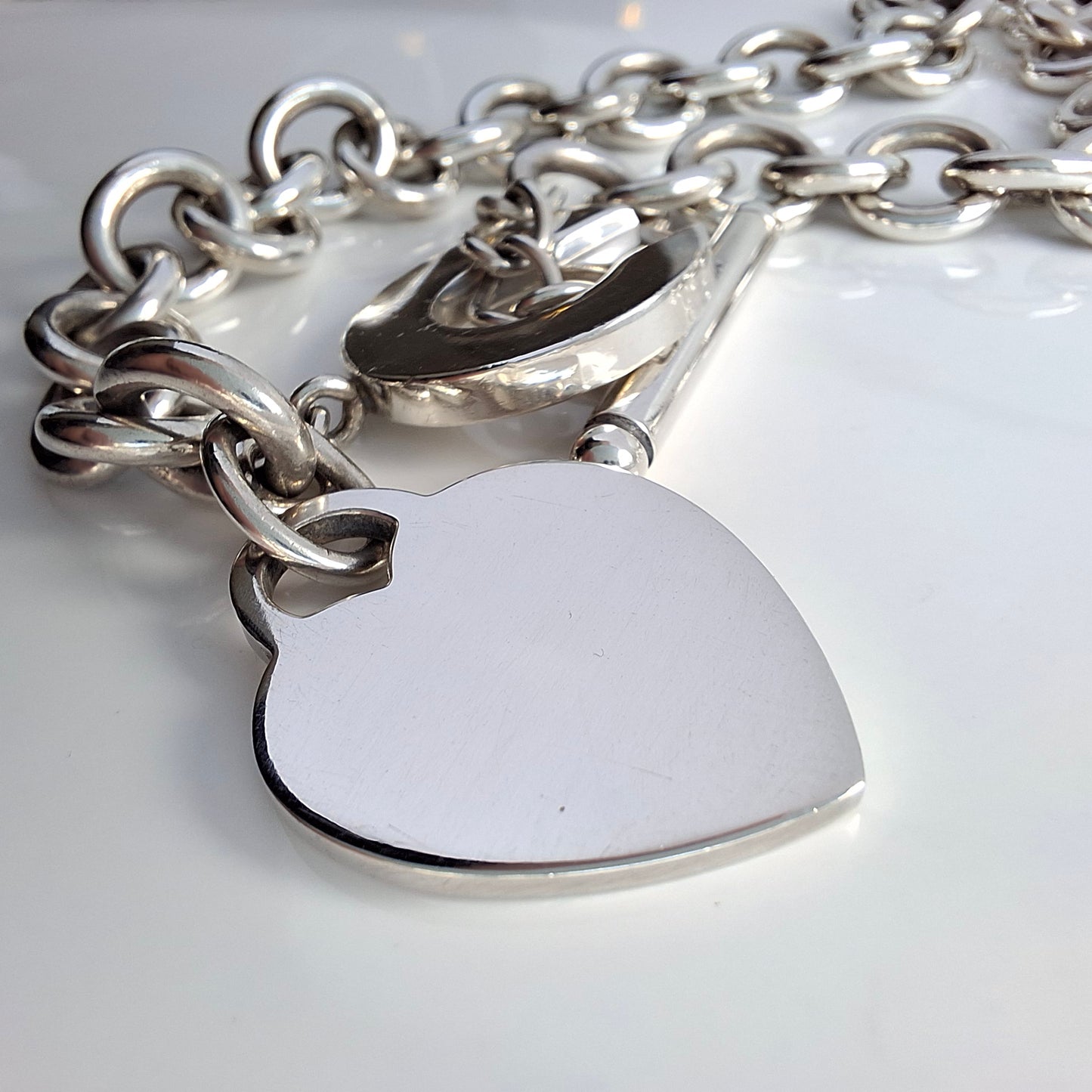 Vintage Tiffany & Co. Hallmarked Sterling Silver Heart Charm Toggle Necklace with Pouch and Box