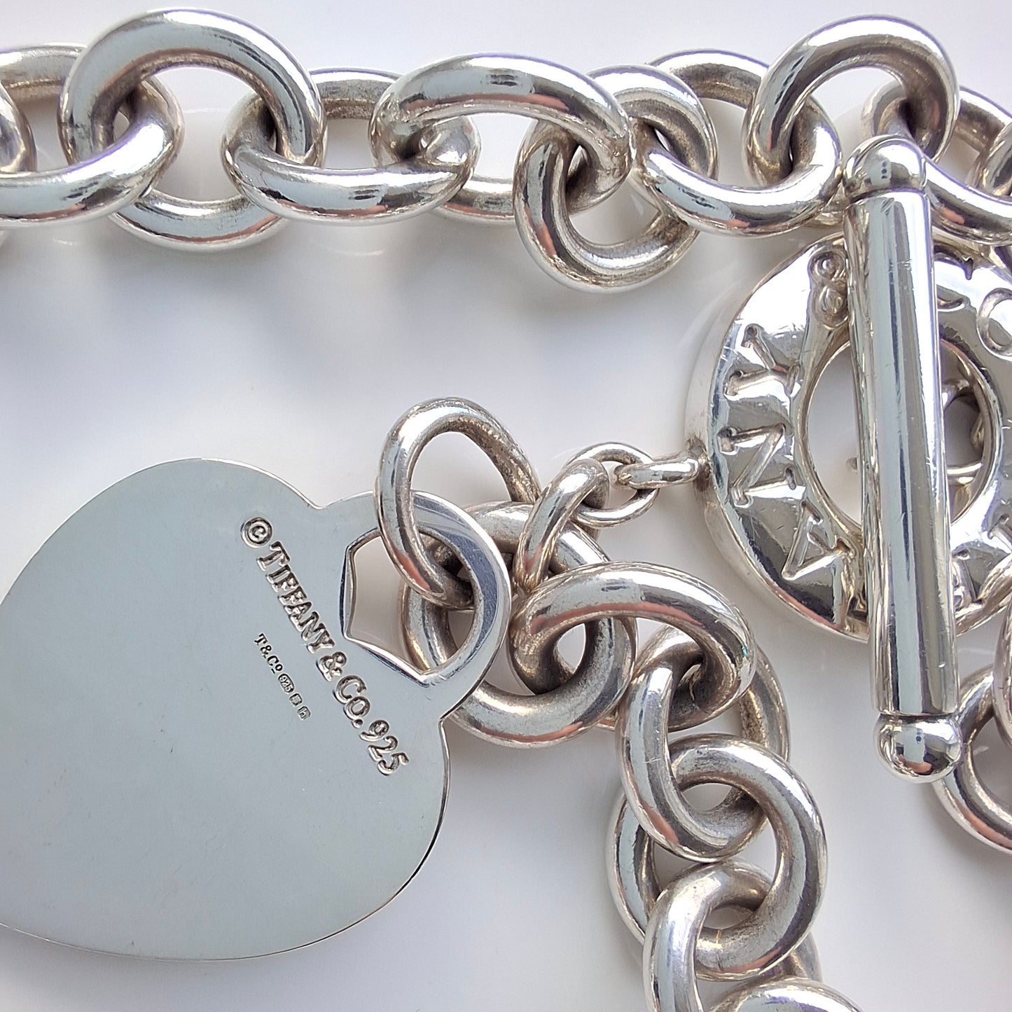Vintage Tiffany & Co. Hallmarked Sterling Silver Heart Charm Toggle Necklace with Pouch and Box