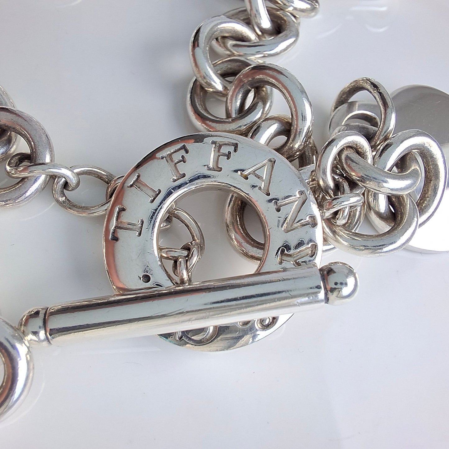 Vintage Tiffany & Co. Hallmarked Sterling Silver Heart Charm Toggle Necklace with Pouch and Box