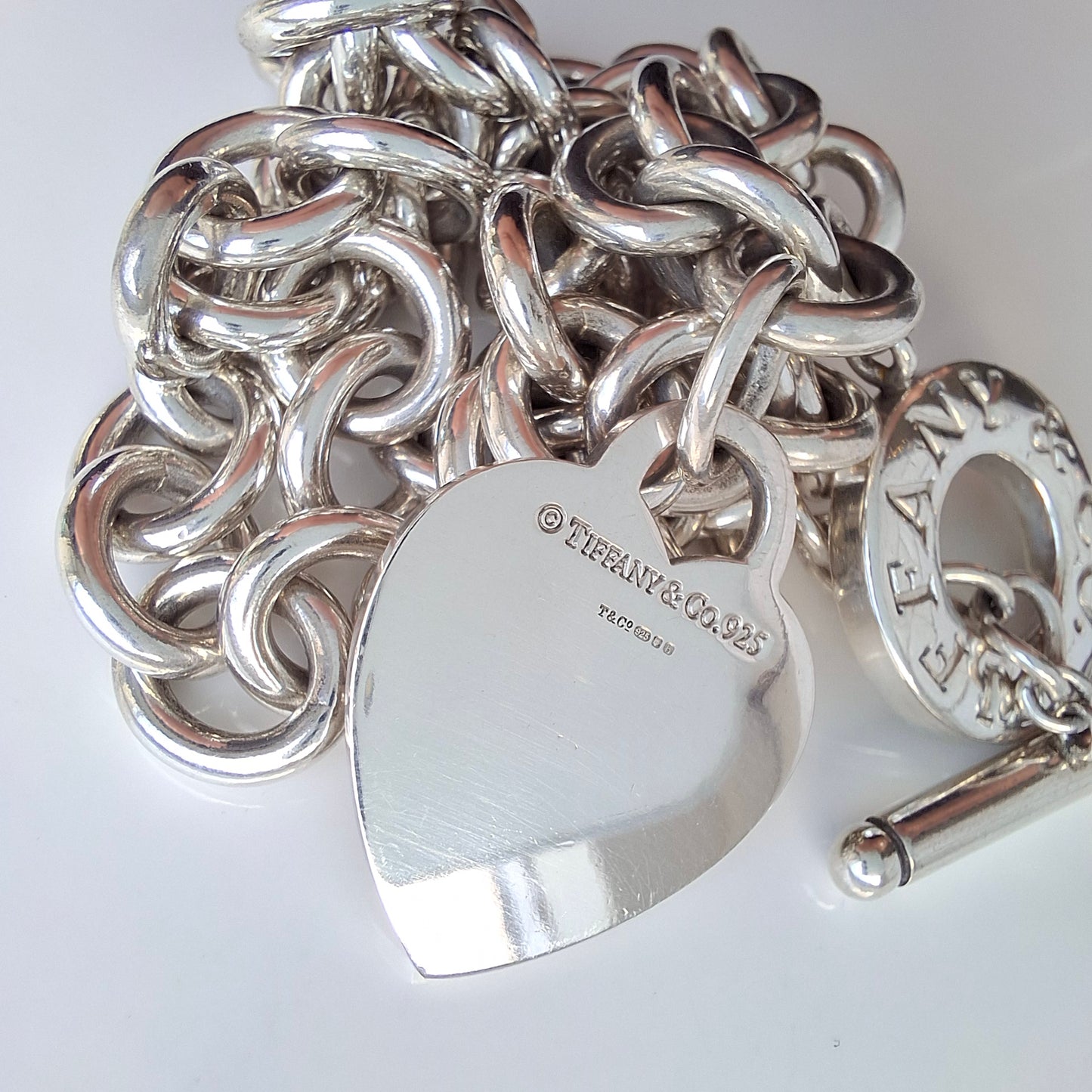 Vintage Tiffany & Co. Hallmarked Sterling Silver Heart Charm Toggle Necklace with Pouch and Box