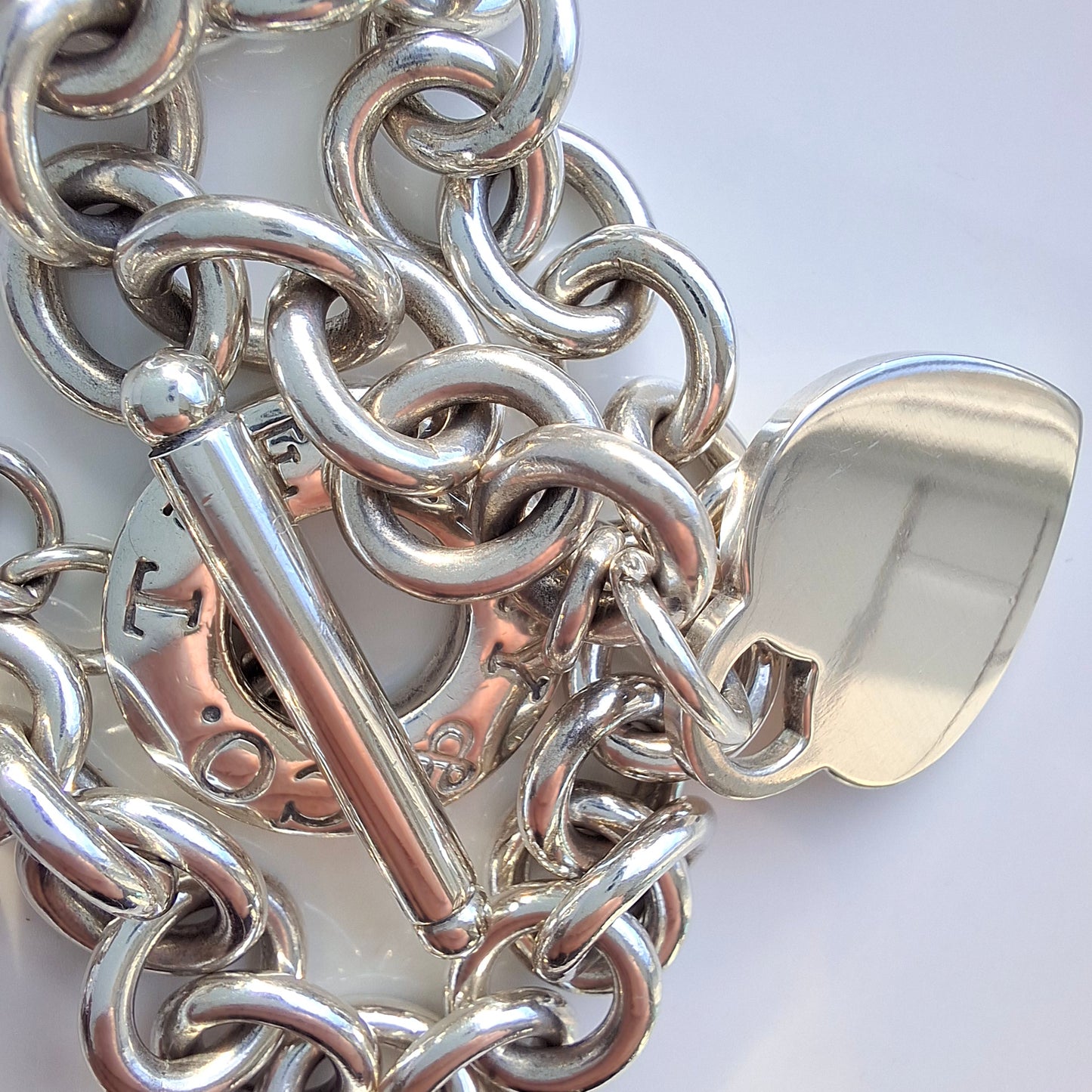 Vintage Tiffany & Co. Hallmarked Sterling Silver Heart Charm Toggle Necklace with Pouch and Box