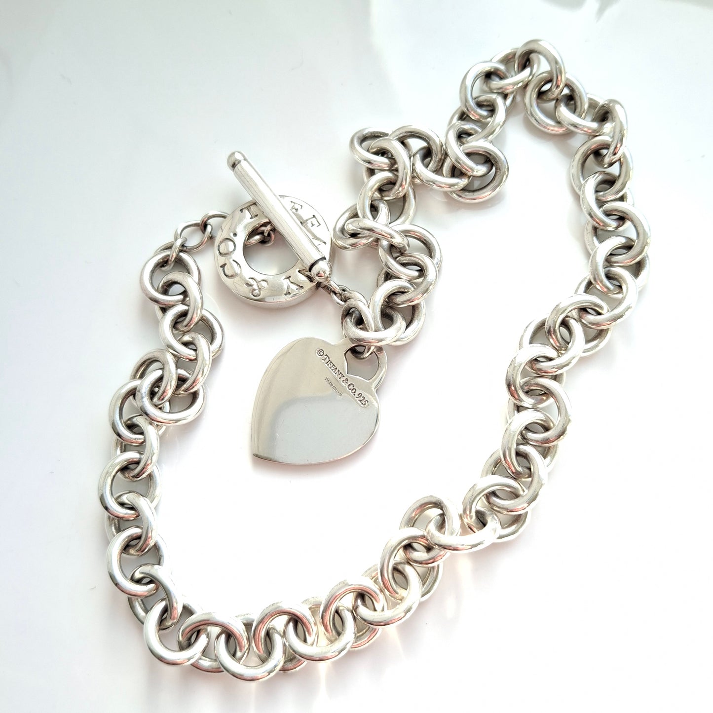 Vintage Tiffany & Co. Hallmarked Sterling Silver Heart Charm Toggle Necklace with Pouch and Box