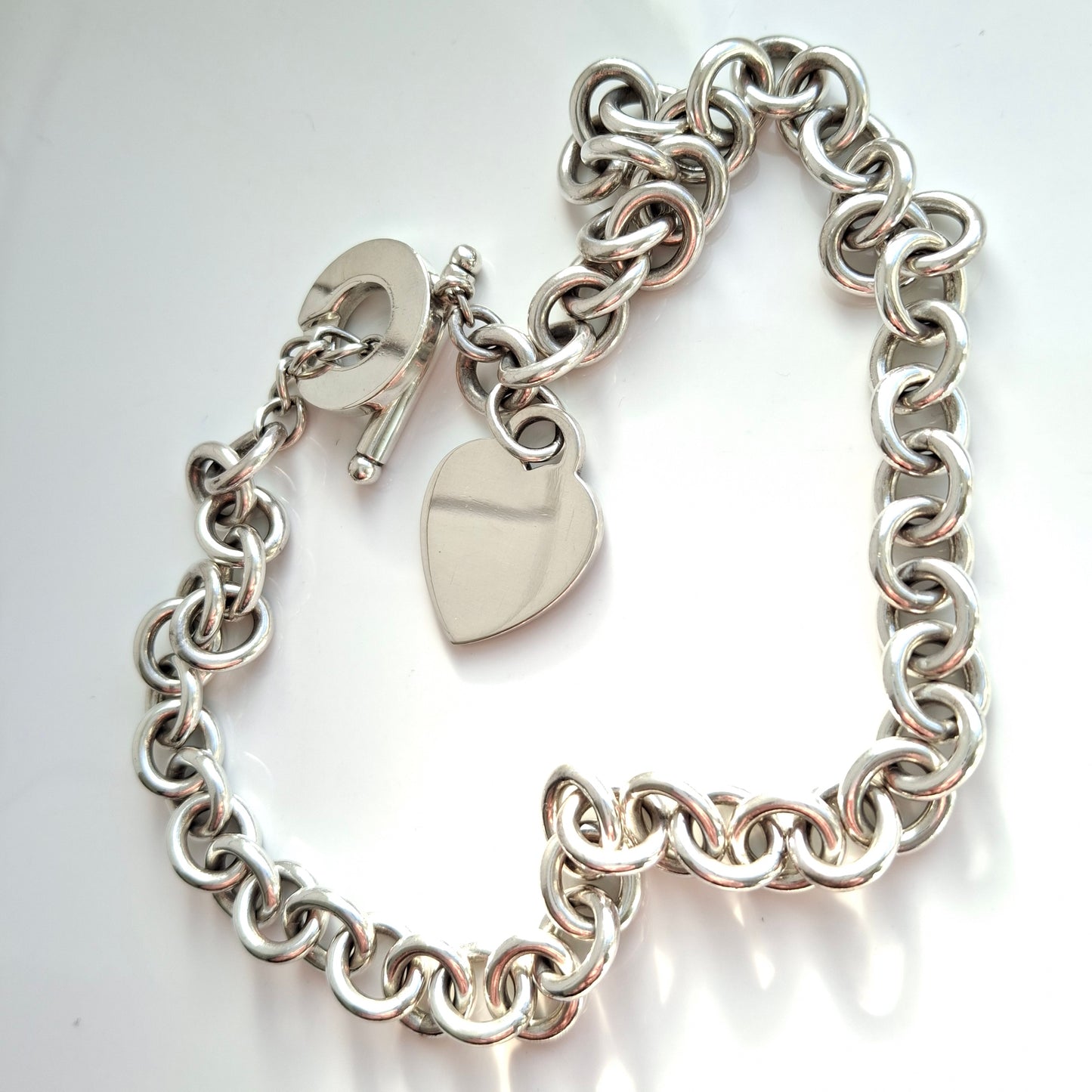 Vintage Tiffany & Co. Hallmarked Sterling Silver Heart Charm Toggle Necklace with Pouch and Box