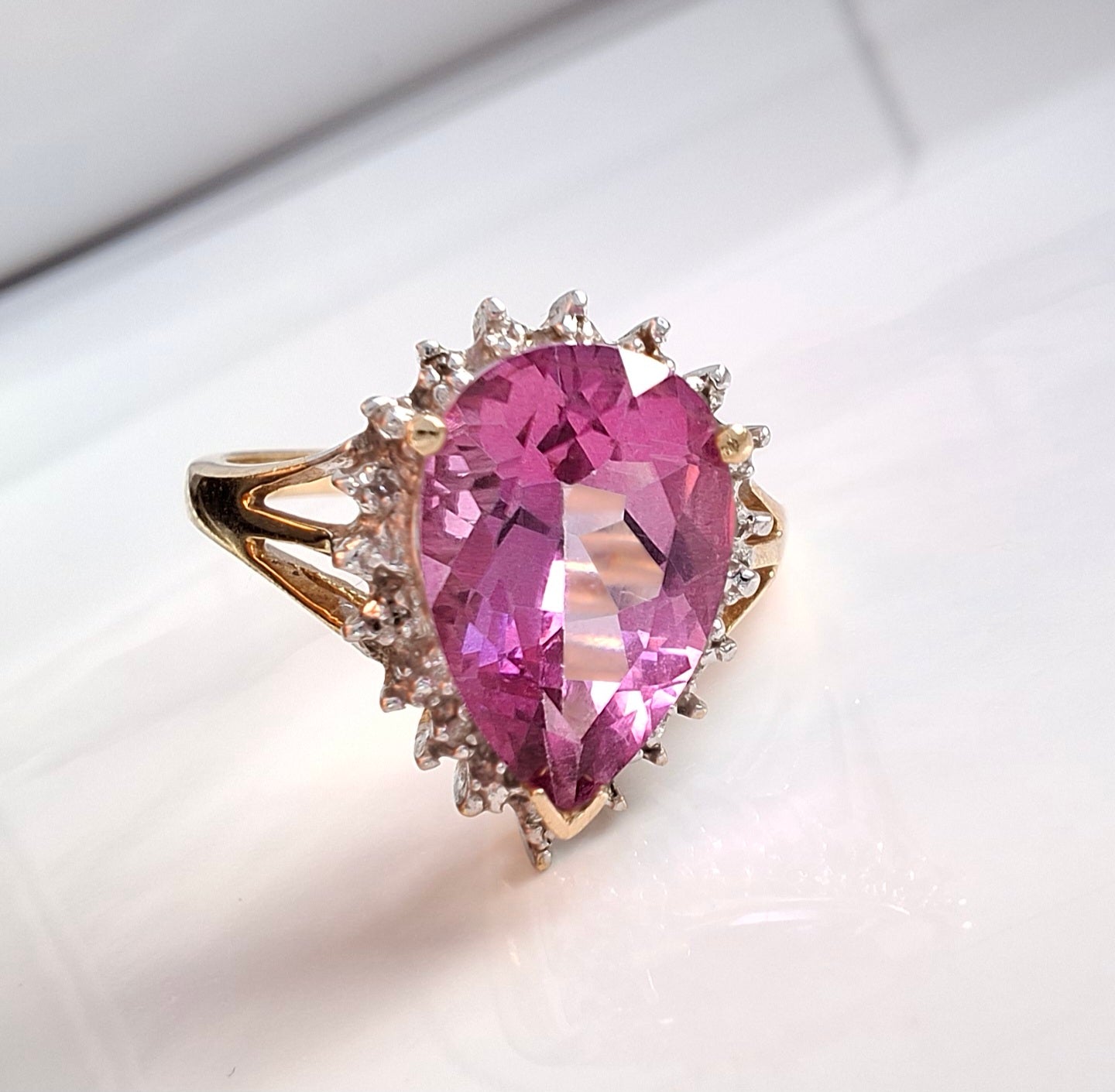 Pink Topaz & Diamond Halo Ring
